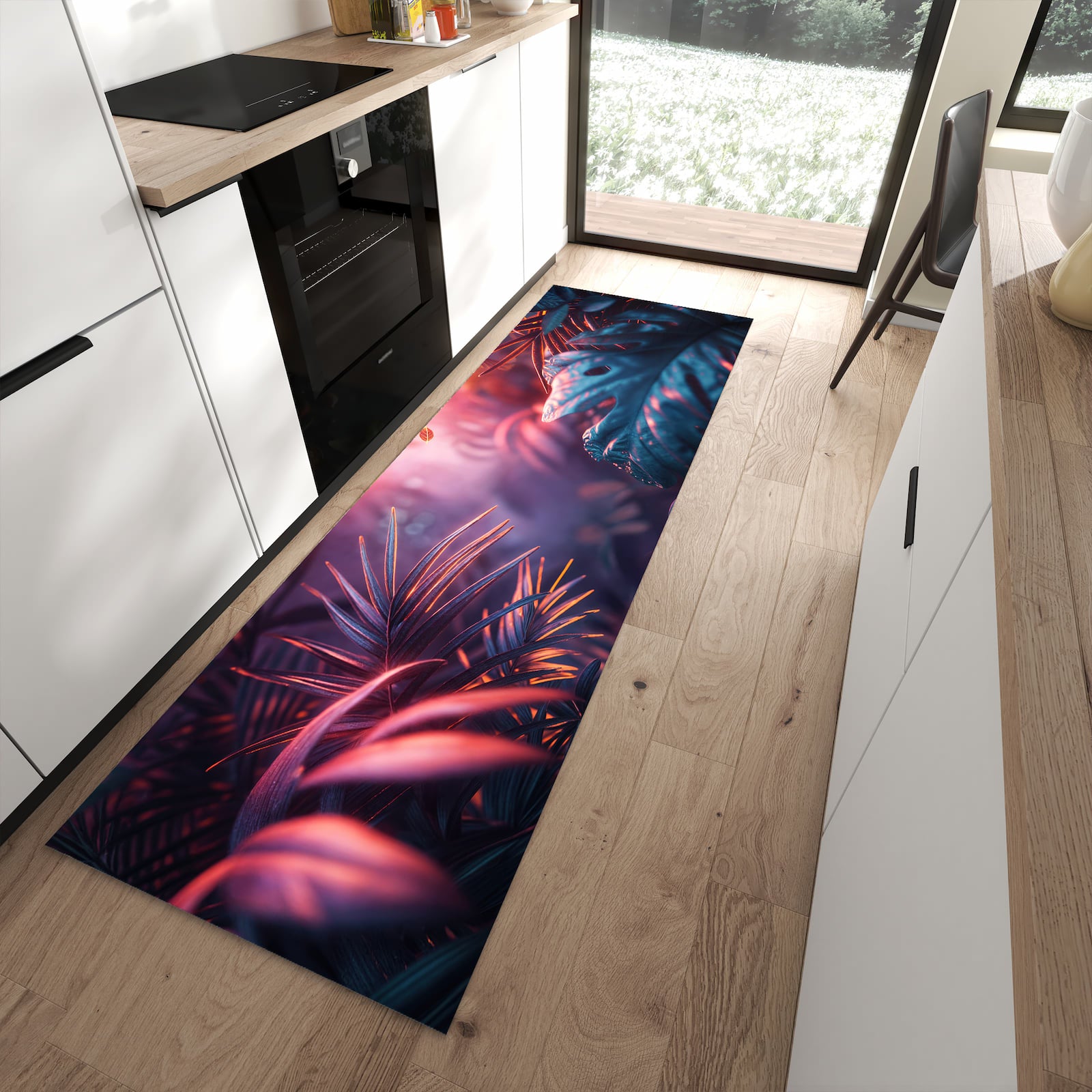 Schmutzabweisender Küchenläufer mit Motiv Lichtdurchfluteter Dschungel in moderner Küche