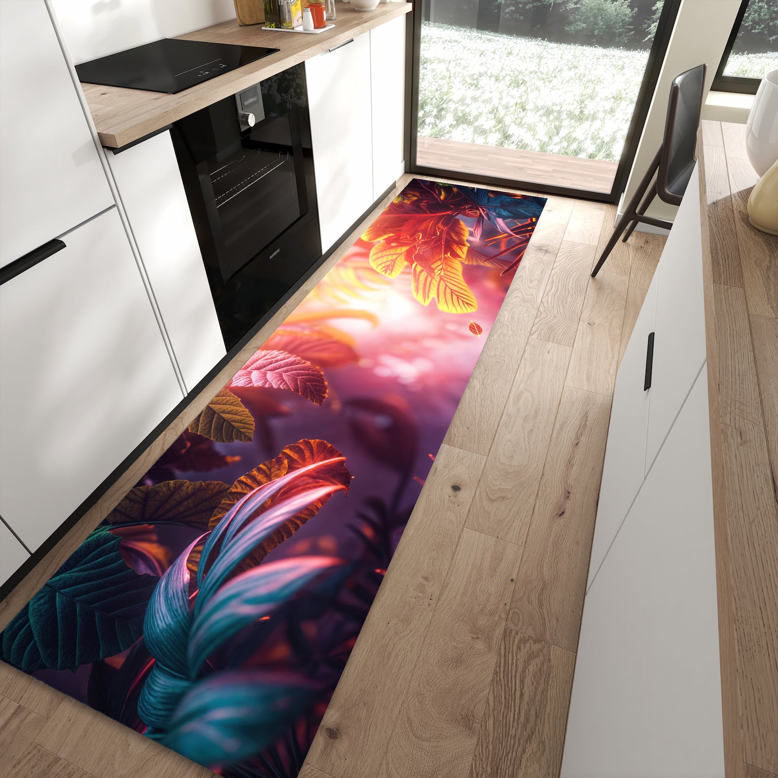 Langlebiger Küchenteppich mit Motiv Lichtdurchfluteter Dschungel in moderner Küche