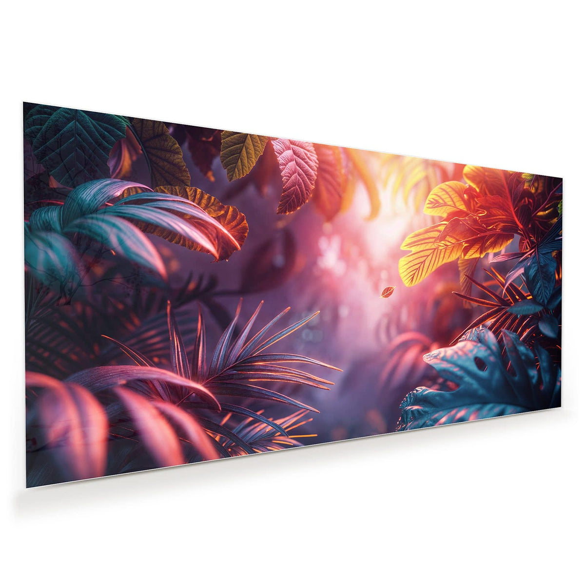 Tropische Monstera- und Palmblätter in Petrol und Rot in rosa Kunstlicht