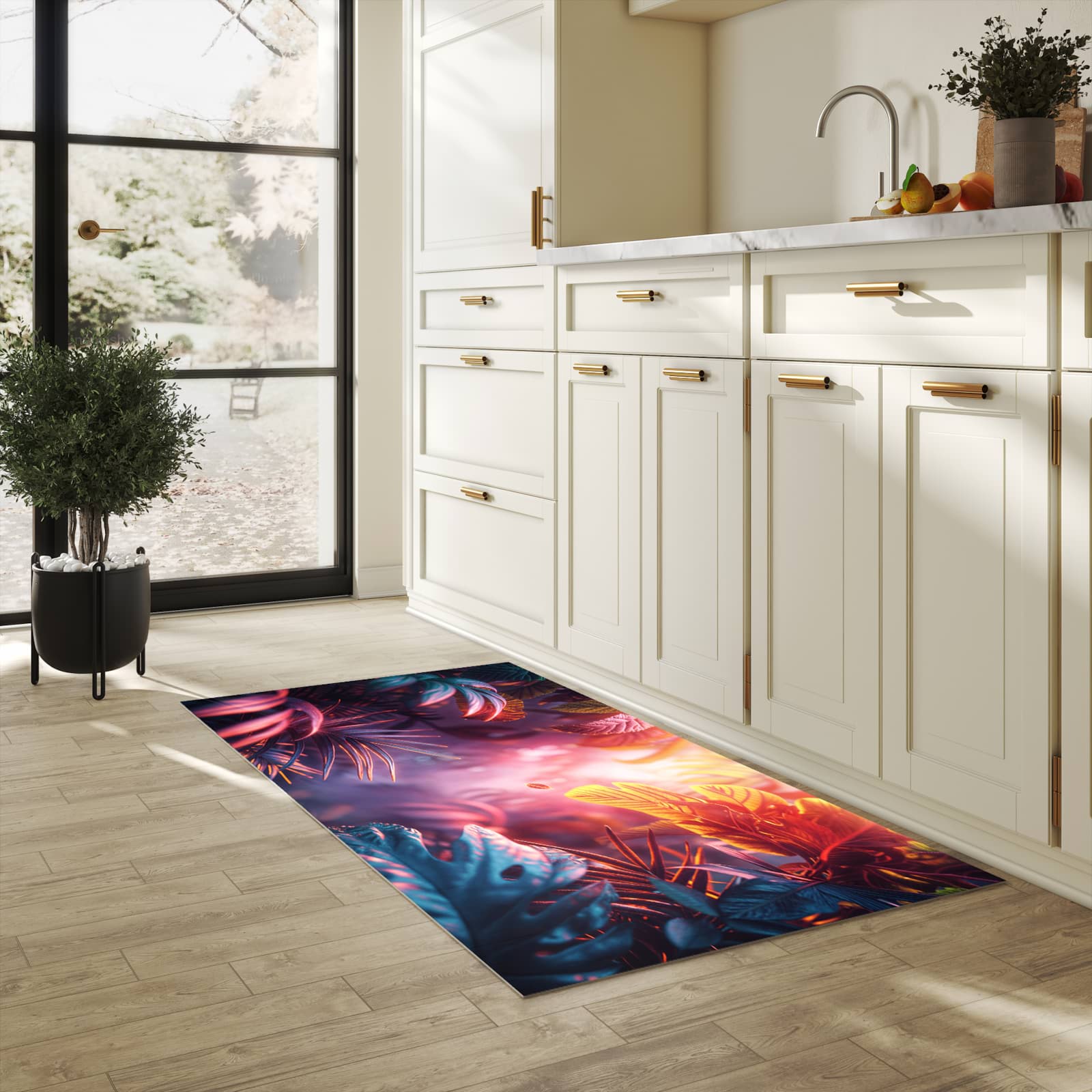 Pflegeleichter dünner Teppich mit Motiv Lichtdurchfluteter Dschungel in heller Küche