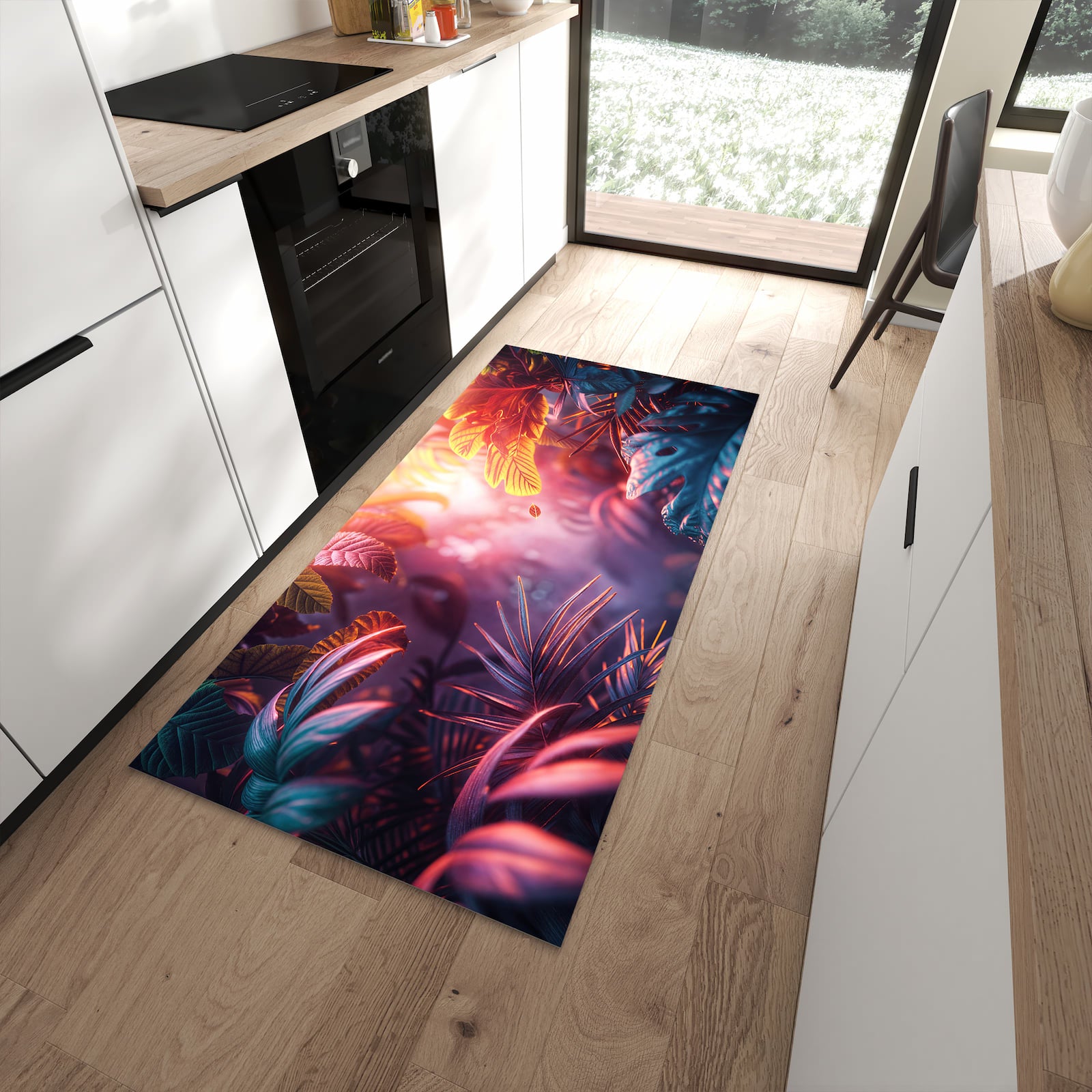 Flacher Küchenteppich mit Motiv Lichtdurchfluteter Dschungel in moderner Küche