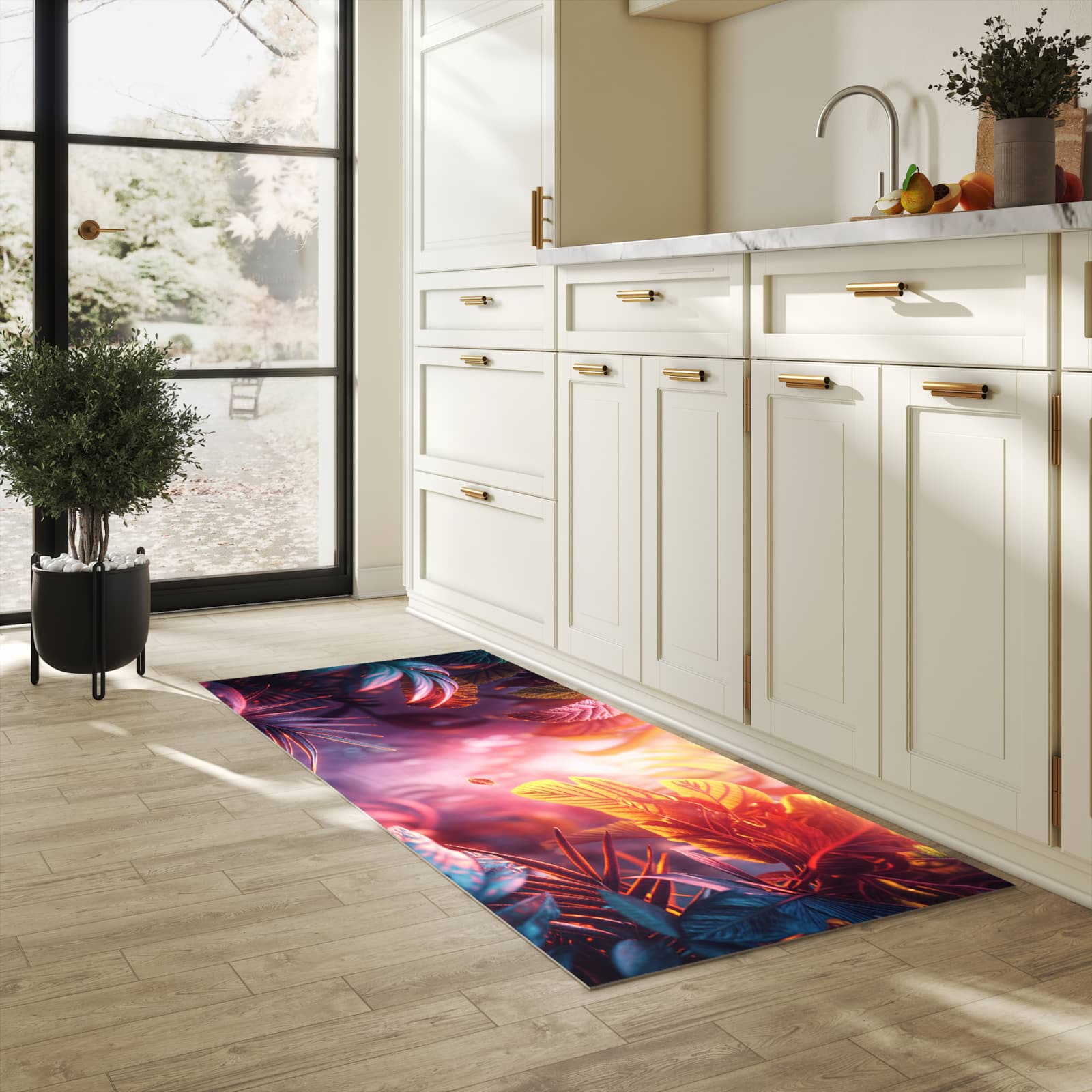 Schmutzabweisender waschbarer Küchenläufer mit Motiv Lichtdurchfluteter Dschungel in heller Küche