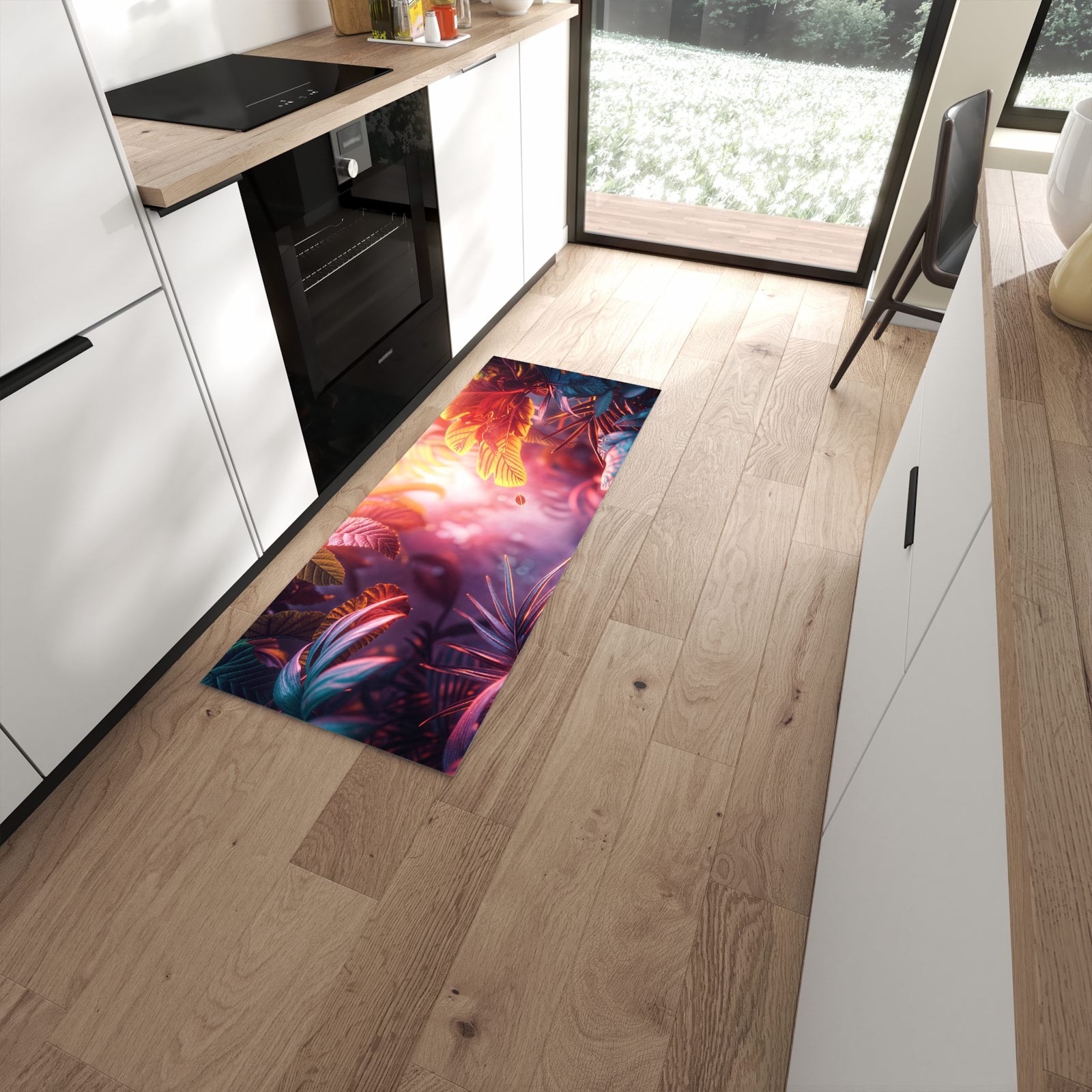 Zeitsparender rutschfester Küchenläufer mit Motiv Lichtdurchfluteter Dschungel in moderner Küche #grösse_60 x 150 cm