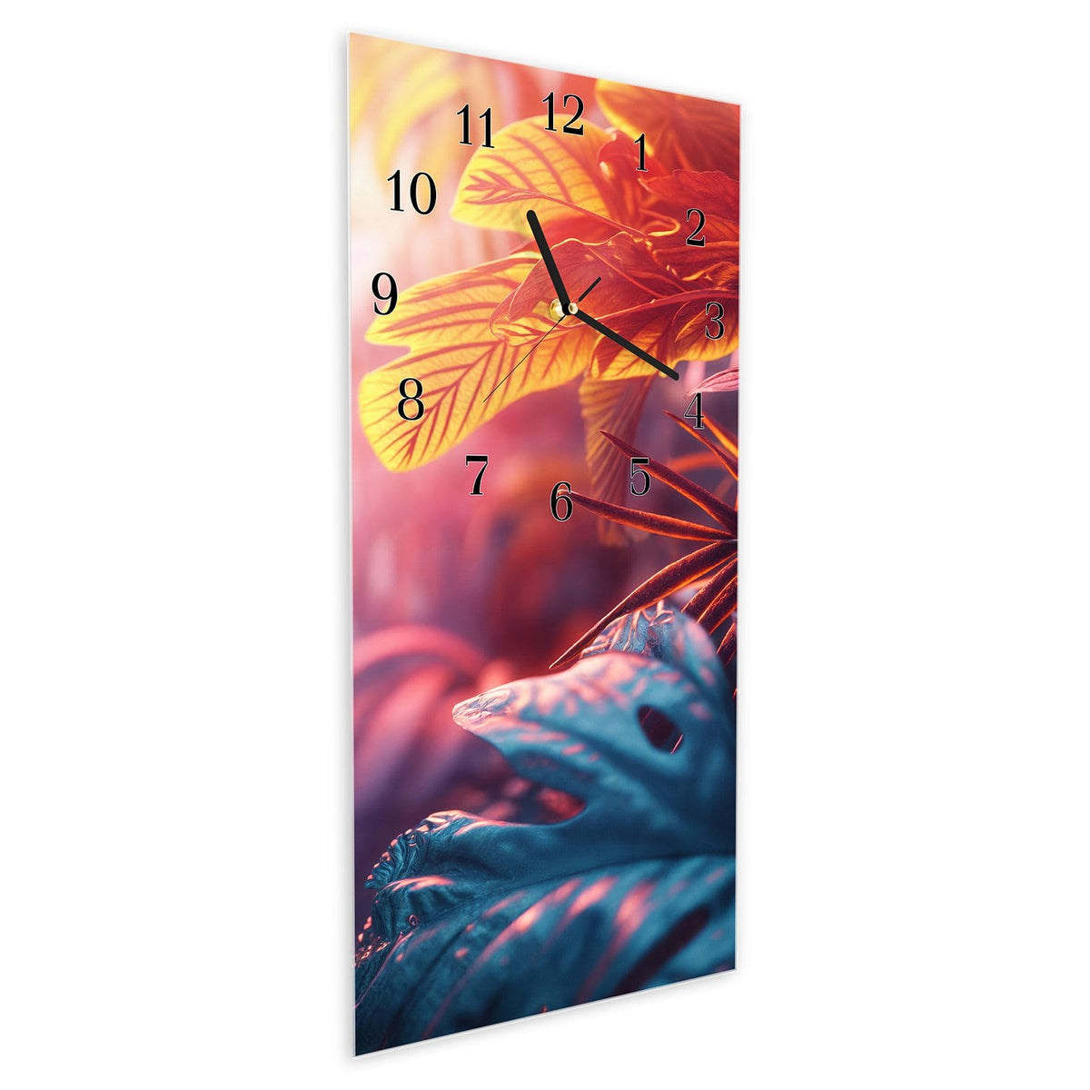 Vormontiert – mit Schwebeeffekt – Wanduhr Lichtdurchfluteter Dschungel aus Glas – Hochformat 30 × 60 cm
