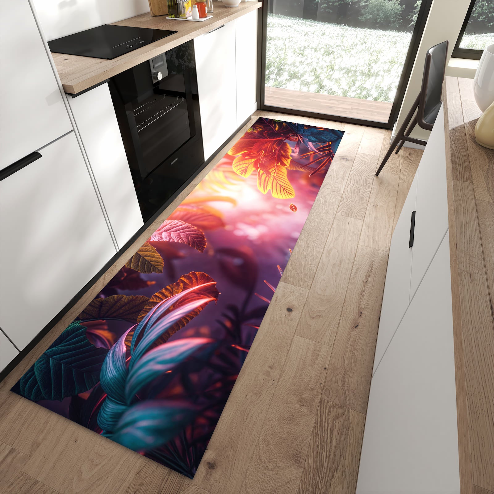 Geruchsneutraler Küchenteppich mit Motiv Lichtdurchfluteter Dschungel in moderner Küche