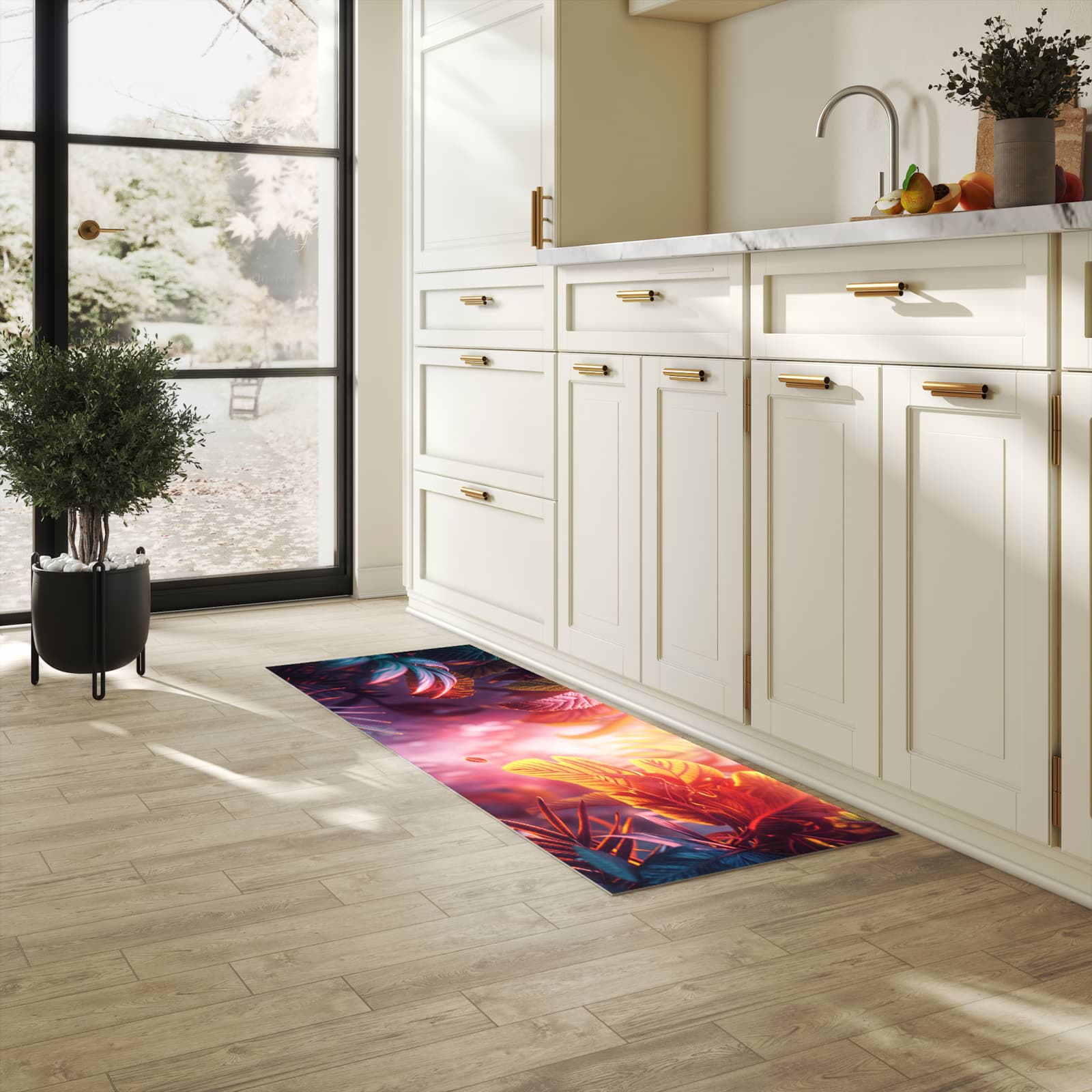 Abriebfester waschbarer Teppich Küche mit Motiv Lichtdurchfluteter Dschungel in heller Küche