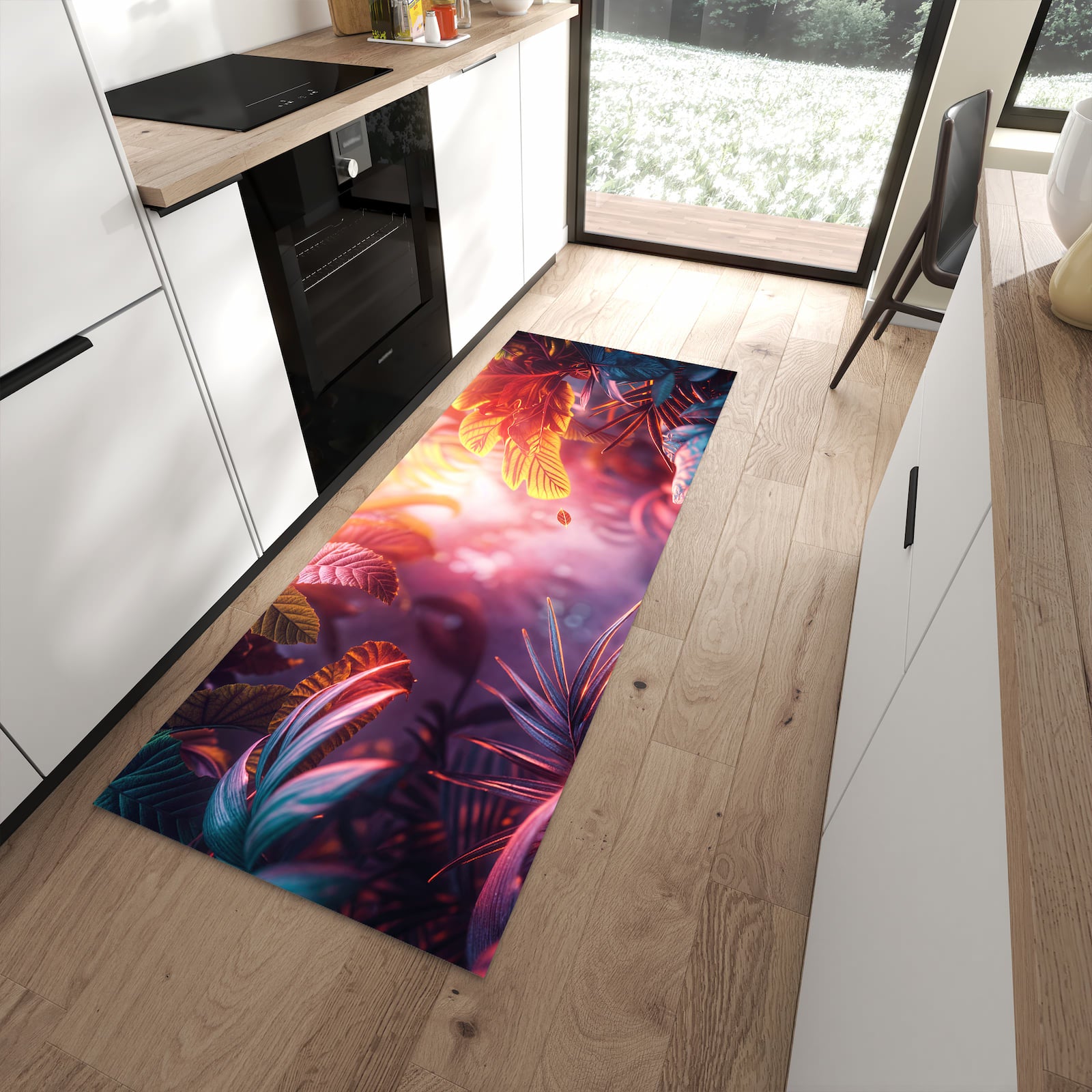 Fleckenresistenter abwaschbarer Küchenteppich mit Motiv Lichtdurchfluteter Dschungel in moderner Küche