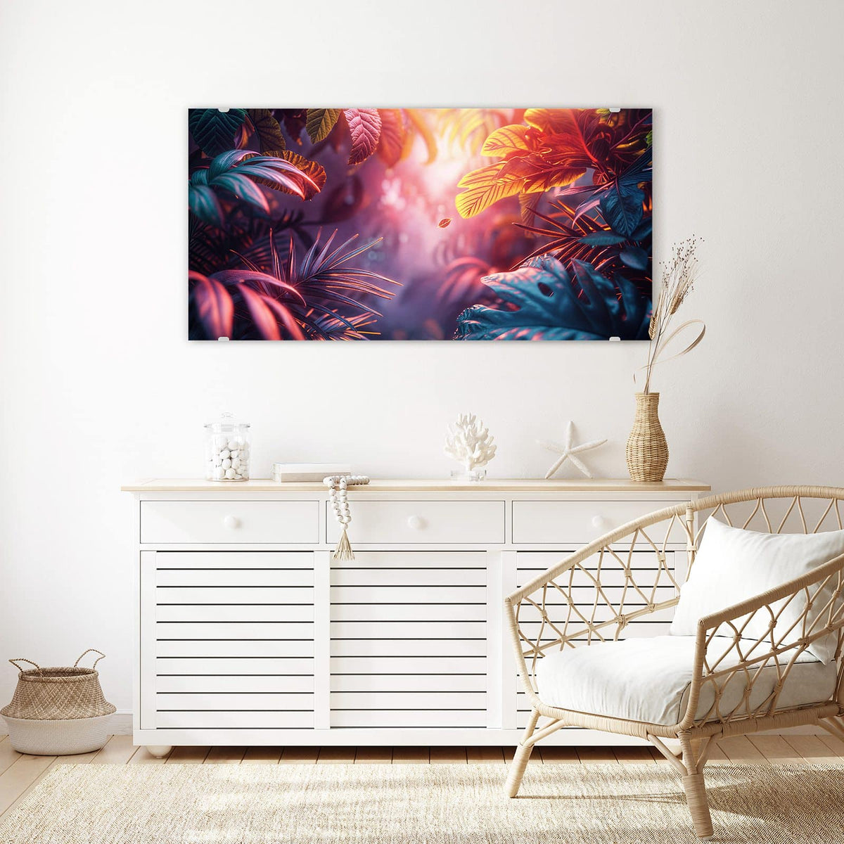 Echtglas, 4 mm – kein Acryl, keine Folie – Wandbild - Dschungel im Neonlicht - Querformat