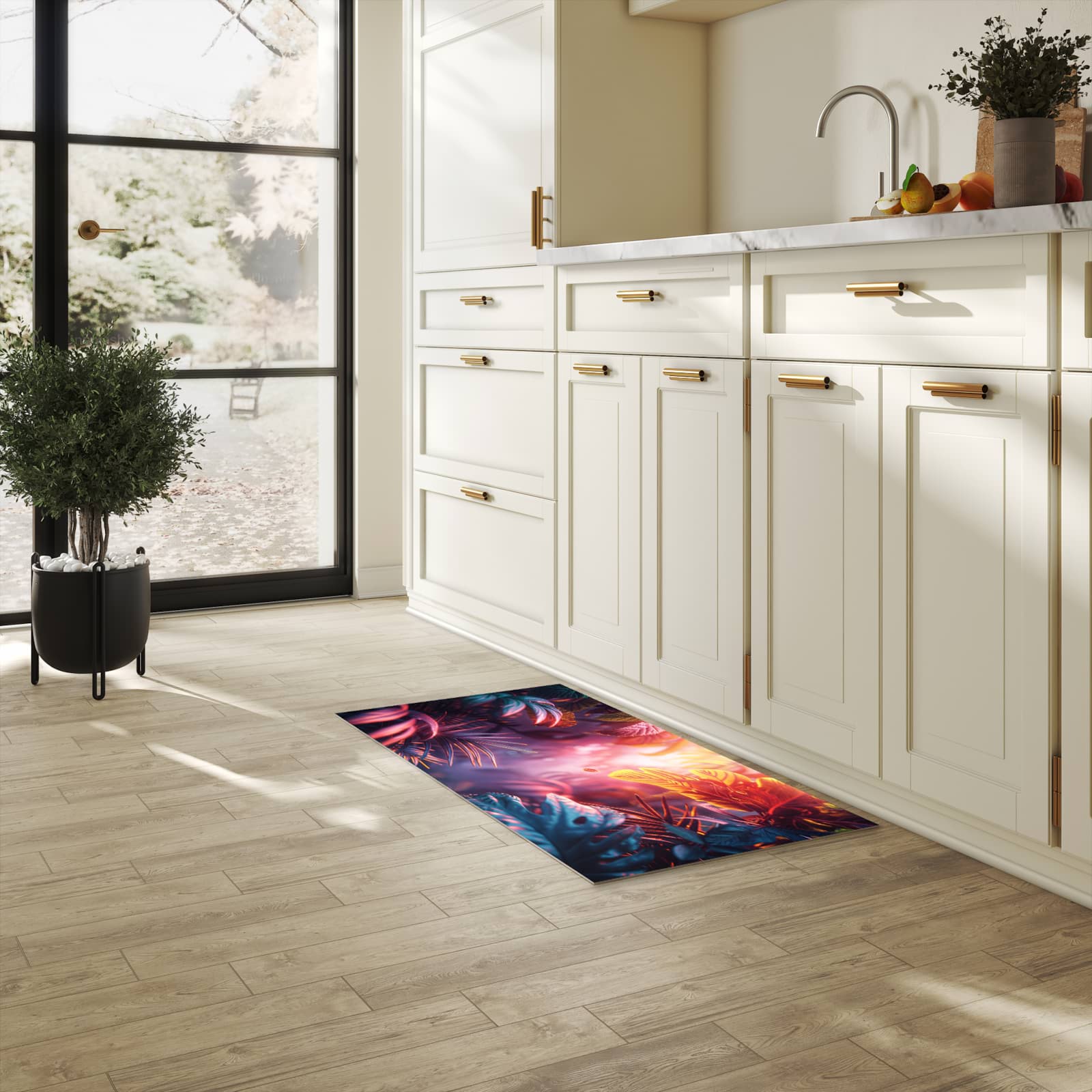 Zeitsparender Küchenteppich mit Motiv Lichtdurchfluteter Dschungel in heller Küche