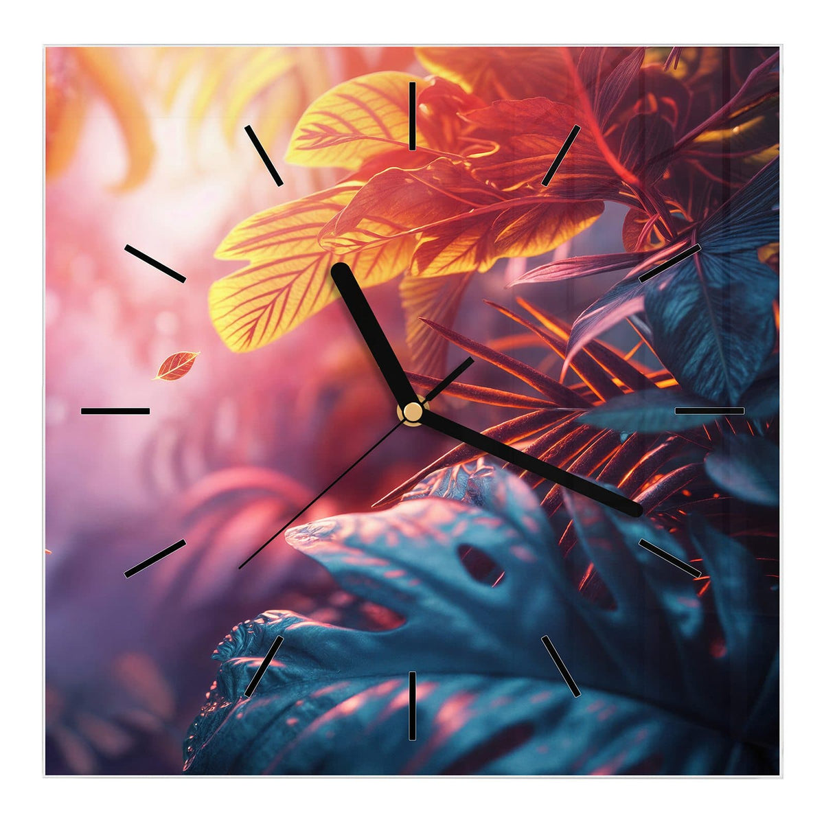Wanduhr aus Glas, Ziffernblatt Linie mit Motiv Dschungel im Neonlicht: Tropische Monstera- und Palmblätter in Petrol und Rot in rosa Kunstlicht