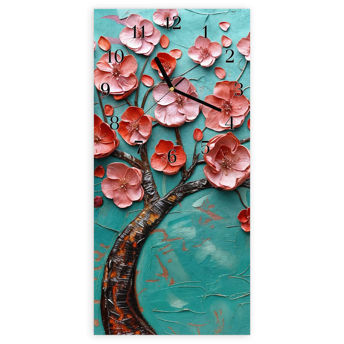Wanduhr Blütenbaum Kunst aus Glas – Hochformat 30 × 60 cm mit Ziffernblatt Klassisch