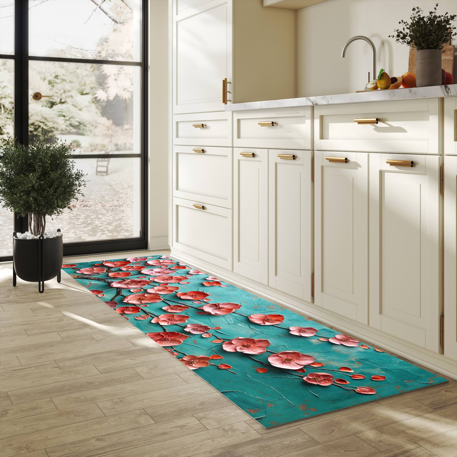 Bodenschonender Küchenteppich mit Motiv Blütenbaum Kunst in heller Küche