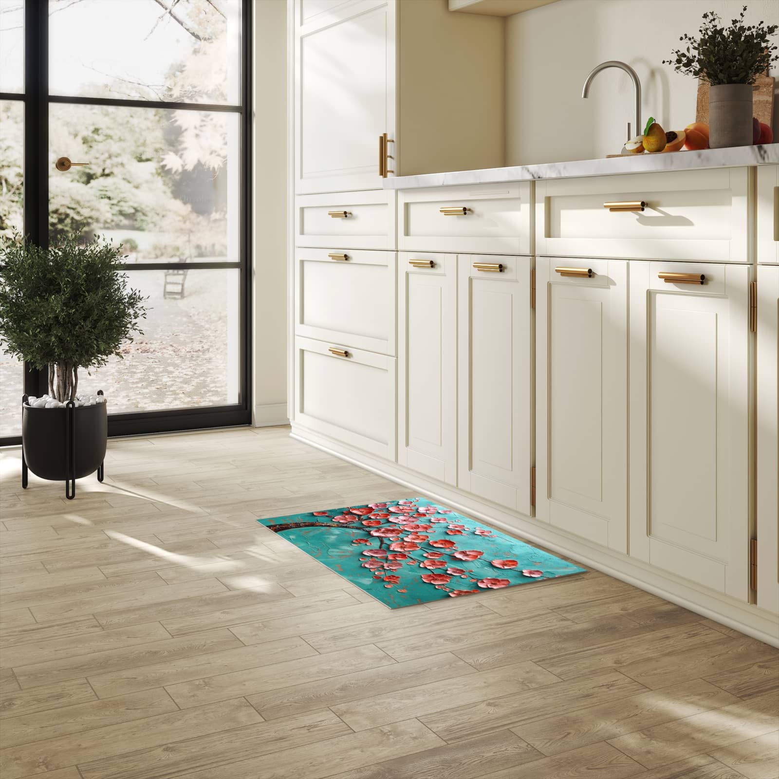 Feuchtigkeitsresistenter Teppich für die Küche mit Motiv Blütenbaum Kunst in heller Küche