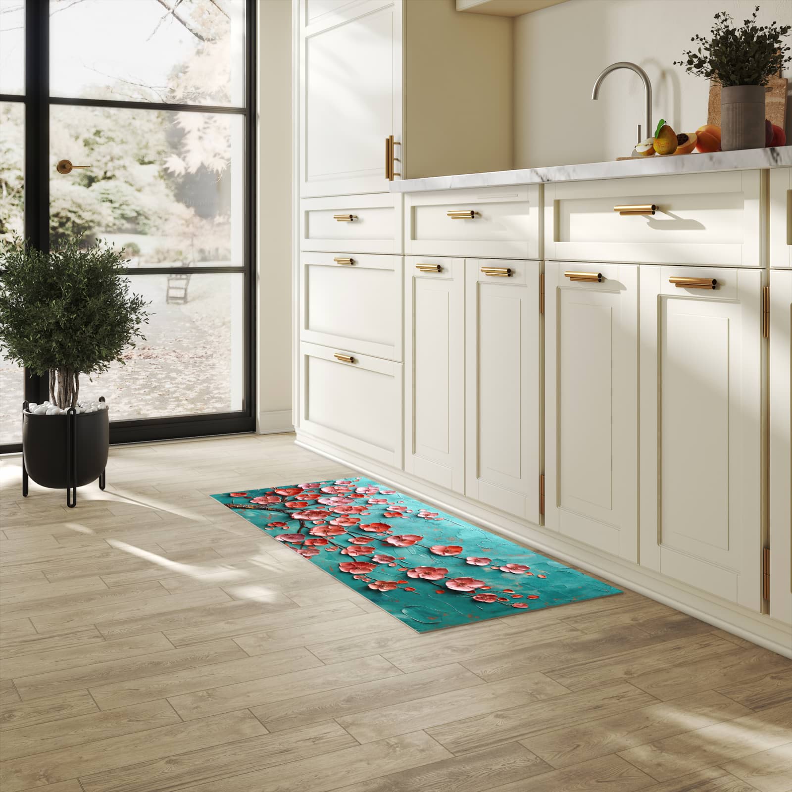 Hygienischer Küchenteppich mit Motiv Blütenbaum Kunst in heller Küche - abwaschbar