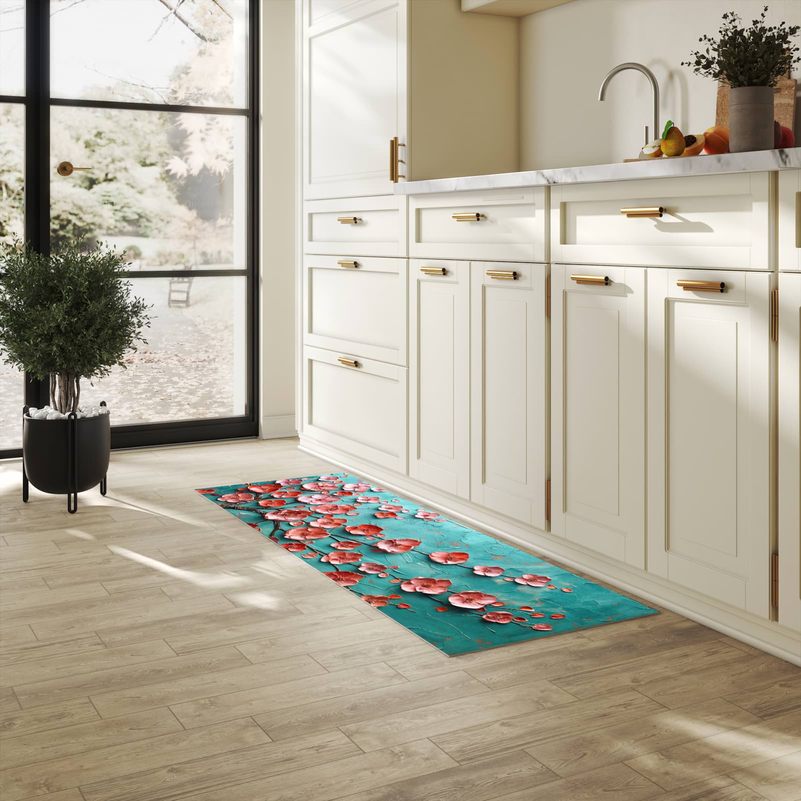 Strapazierfähiger Küchenteppich mit Motiv Blütenbaum Kunst in heller Küche