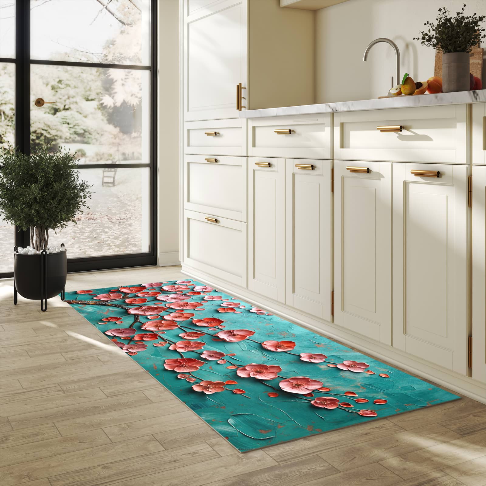 Küchenteppich mit Motiv Blütenbaum Kunst in heller Küche für sicheres Aufbewahren