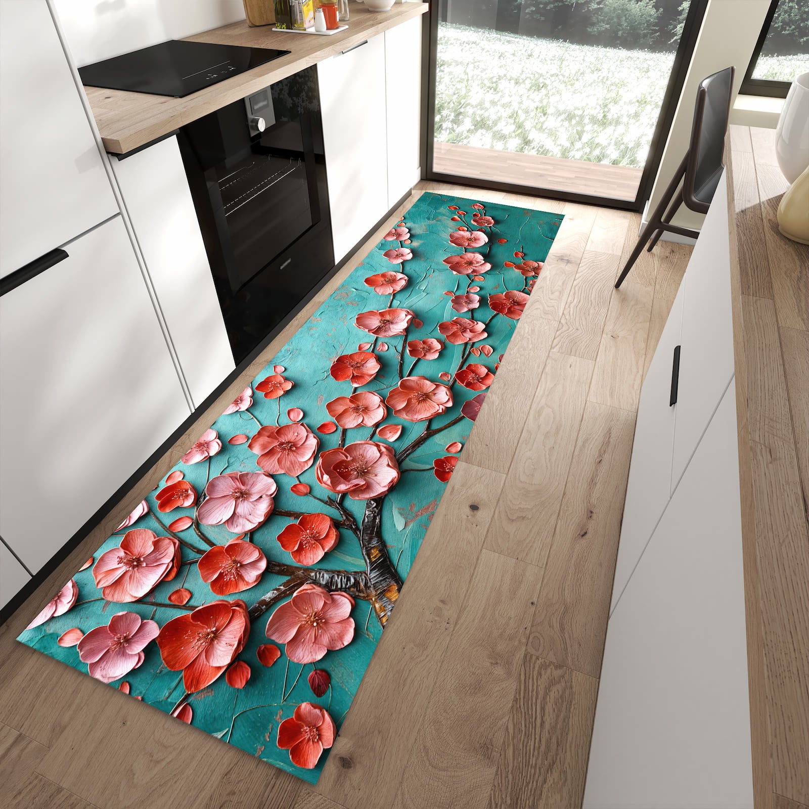 Waschbarer Küchenläufer mit Motiv Blütenbaum Kunst für Ordnung in moderner Küche