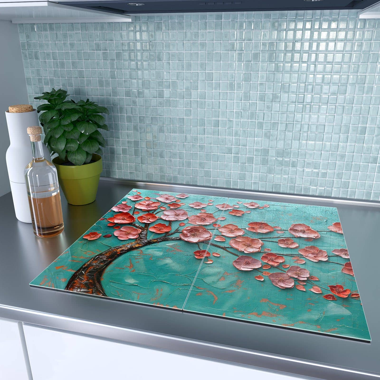 2-teilige Herdabdeckplatten aus Glas mit Blütenbaum Kunst-Motiv auf dem Ceranfeld