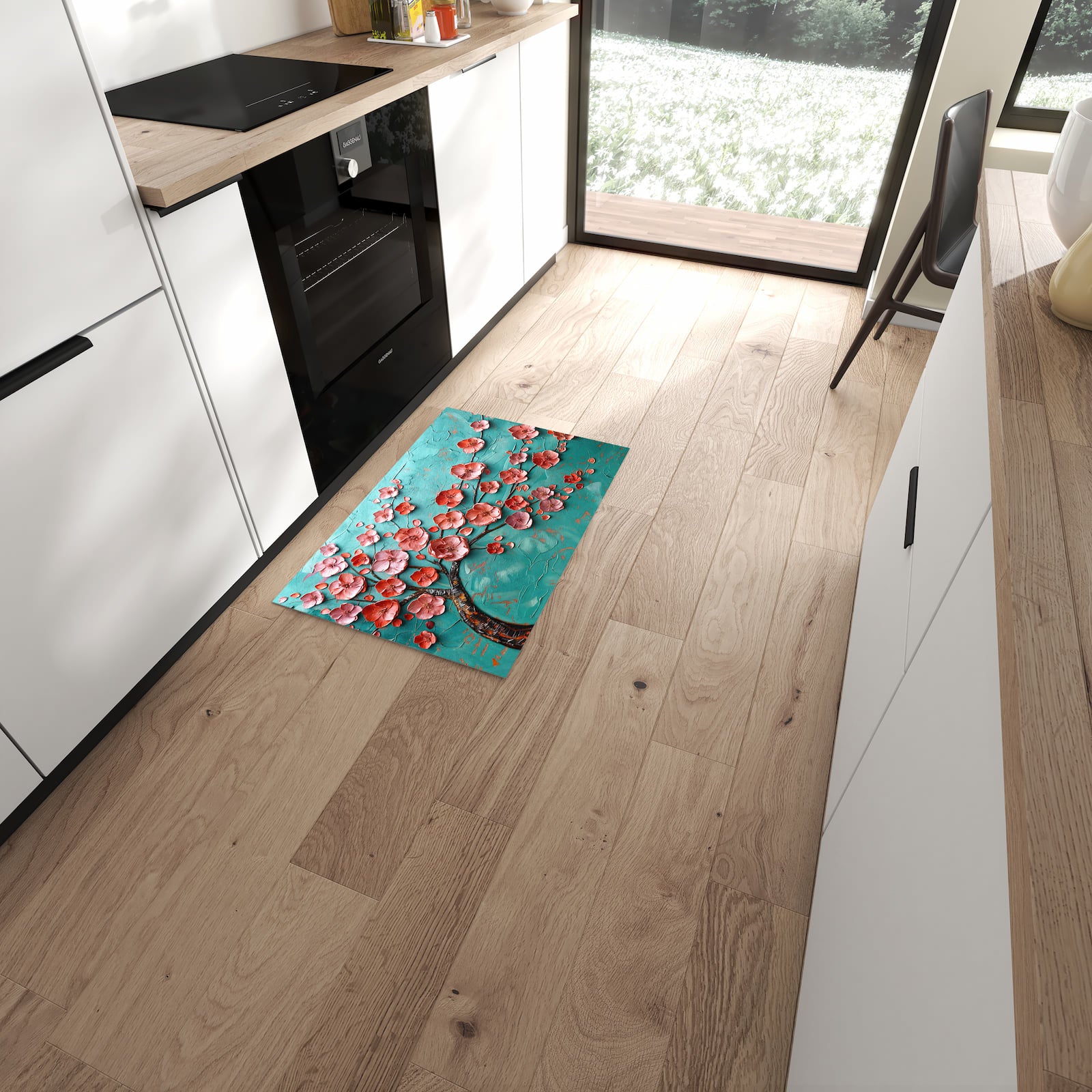 Rutschfester Küchenteppich mit Motiv Blütenbaum Kunst in moderner Küche