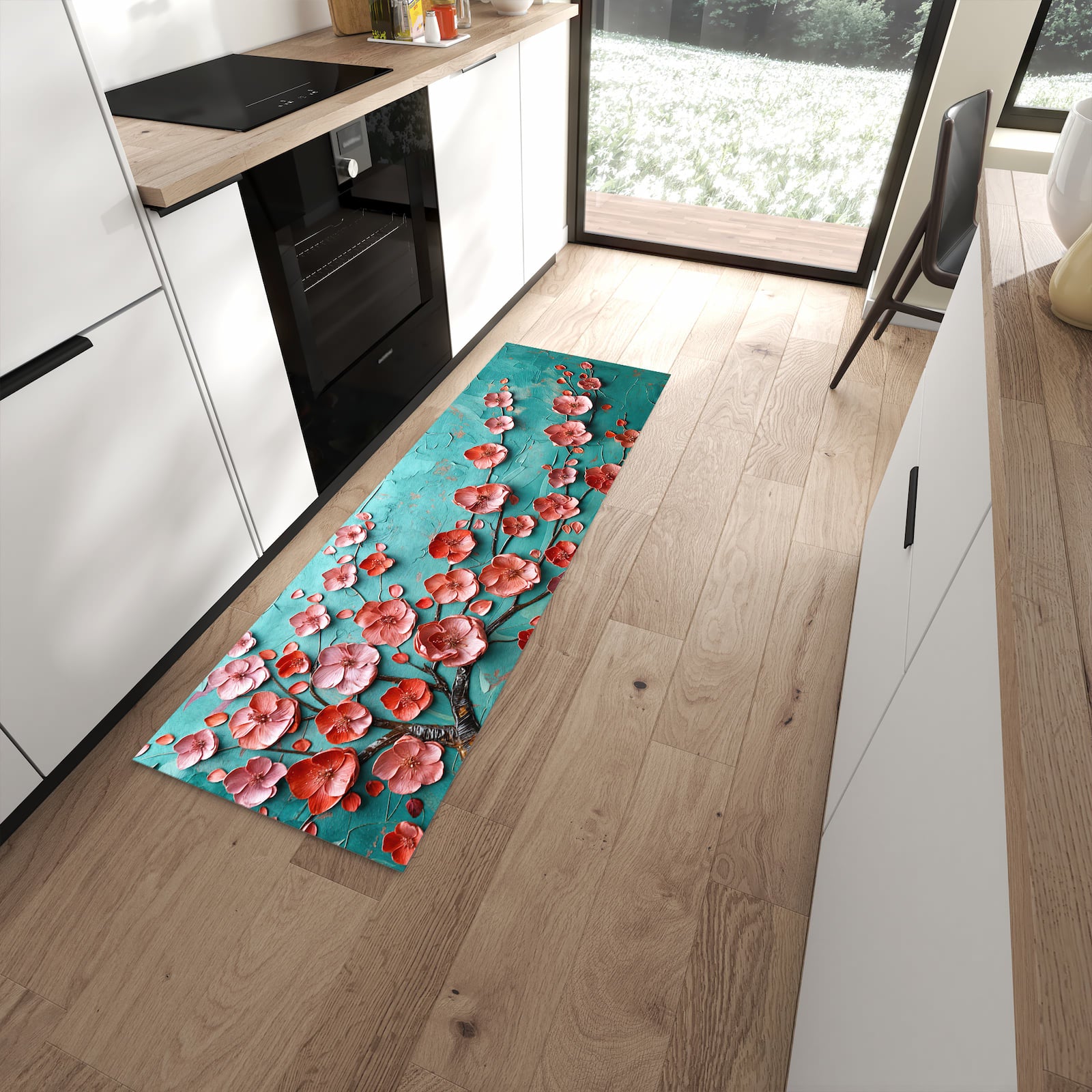 Hygienischer Küchenteppich mit Motiv Blütenbaum Kunst in moderner Küche - leicht waschbar