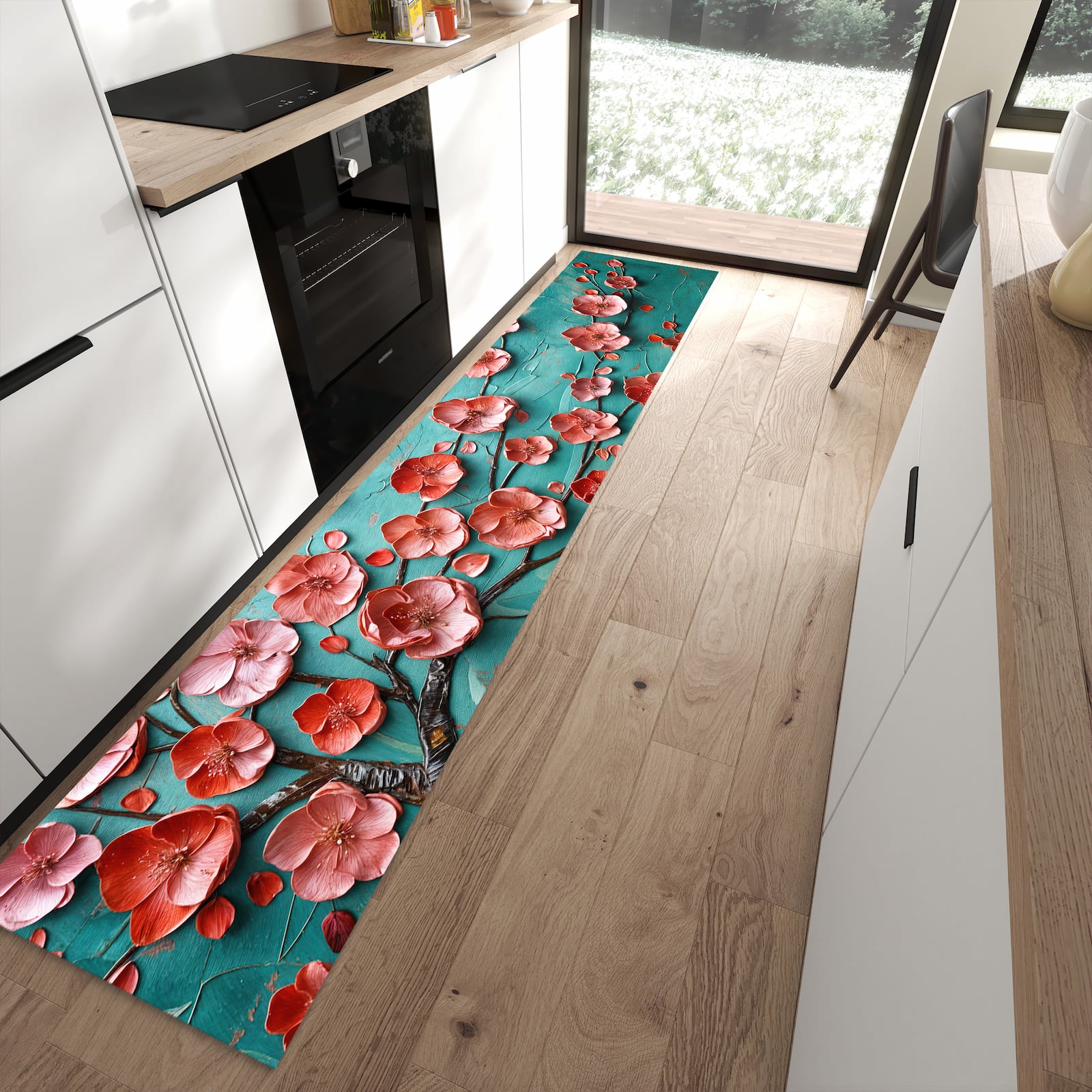 Langlebiger rutschfester Küchenteppich mit Motiv Blütenbaum Kunst in moderner Küche