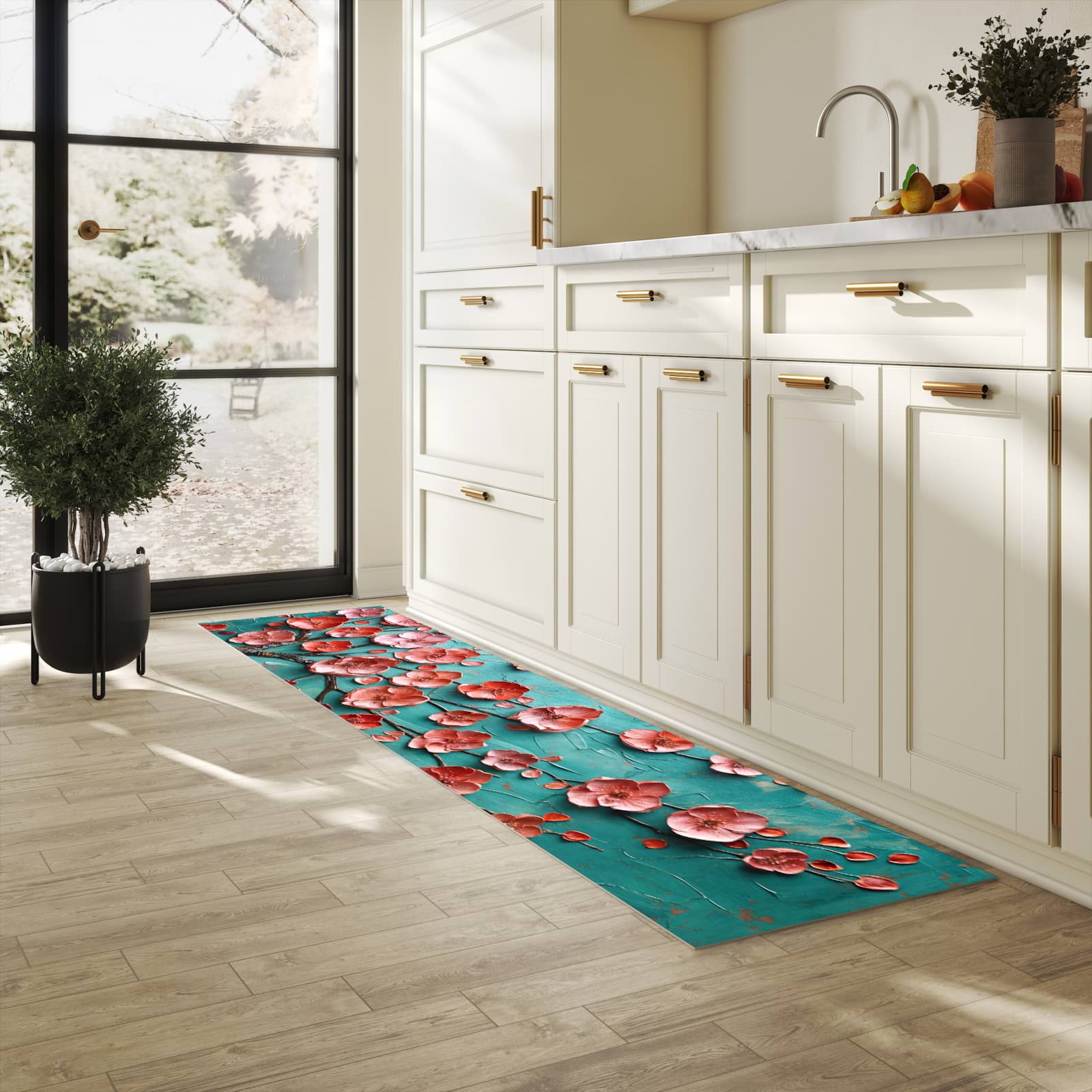 Langlebiger Küchenteppich mit Motiv Blütenbaum Kunst in heller Küche