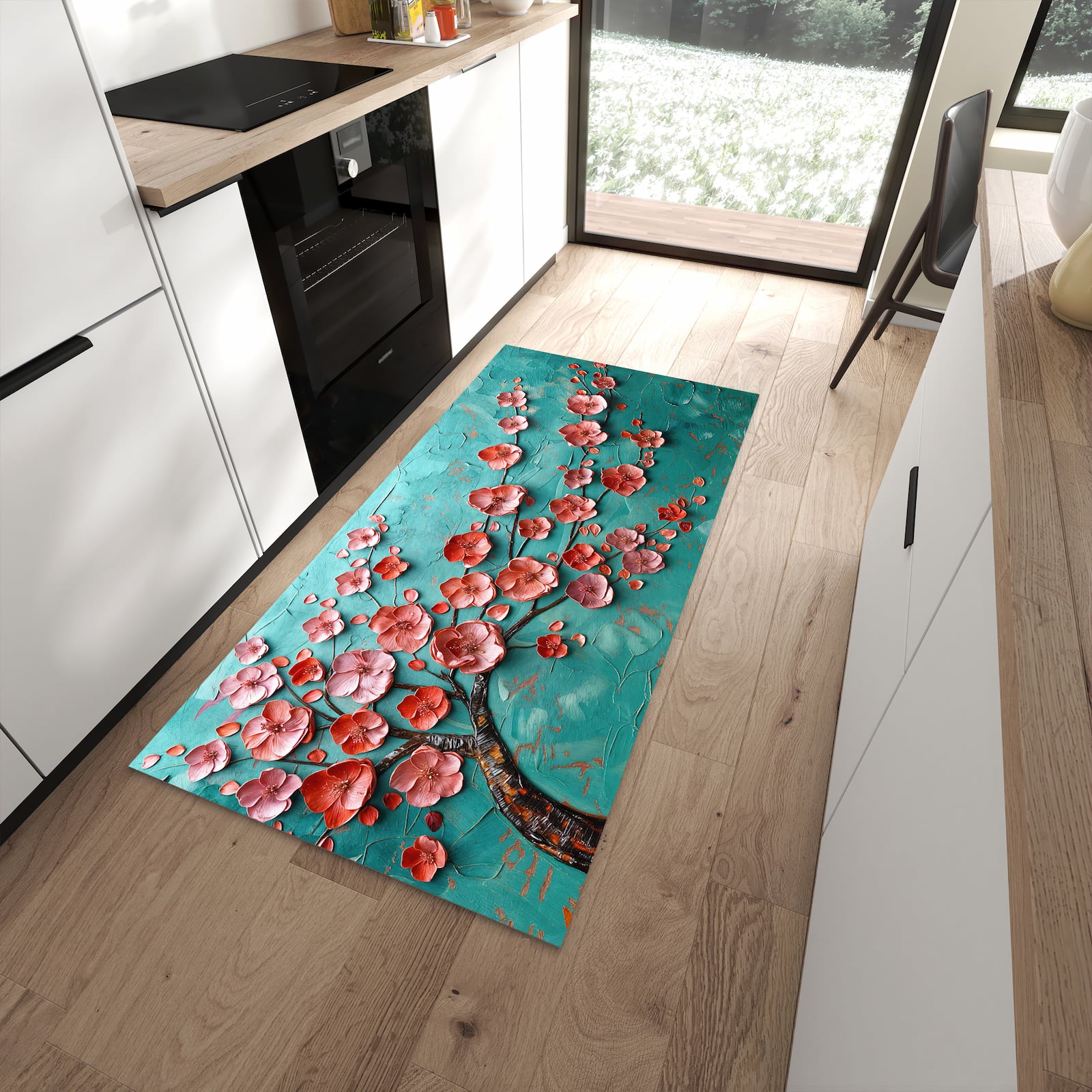 Farbbeständiger rutschfester Küchenläufer mit Motiv Blütenbaum Kunst in moderner Küche
