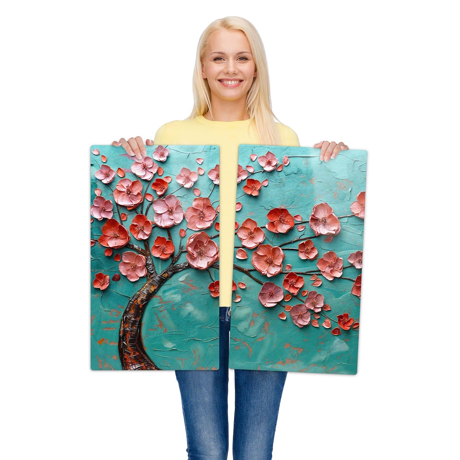 2-teilige Herdabdeckplatten mit Blütenbaum Kunst-Motiv werden zur Größendarstellung gehalten