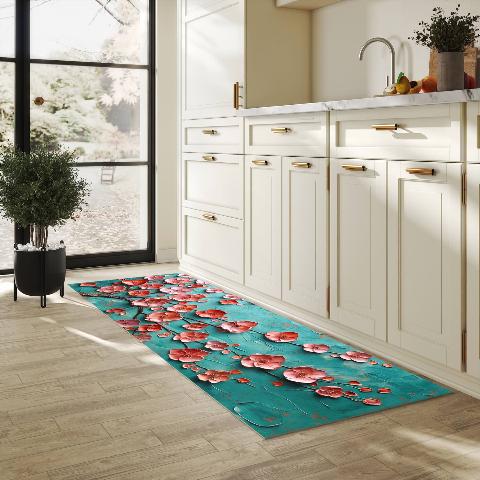 Küchenteppich mit Motiv Blütenbaum Kunst für Ordnung & Übersicht in heller Küche