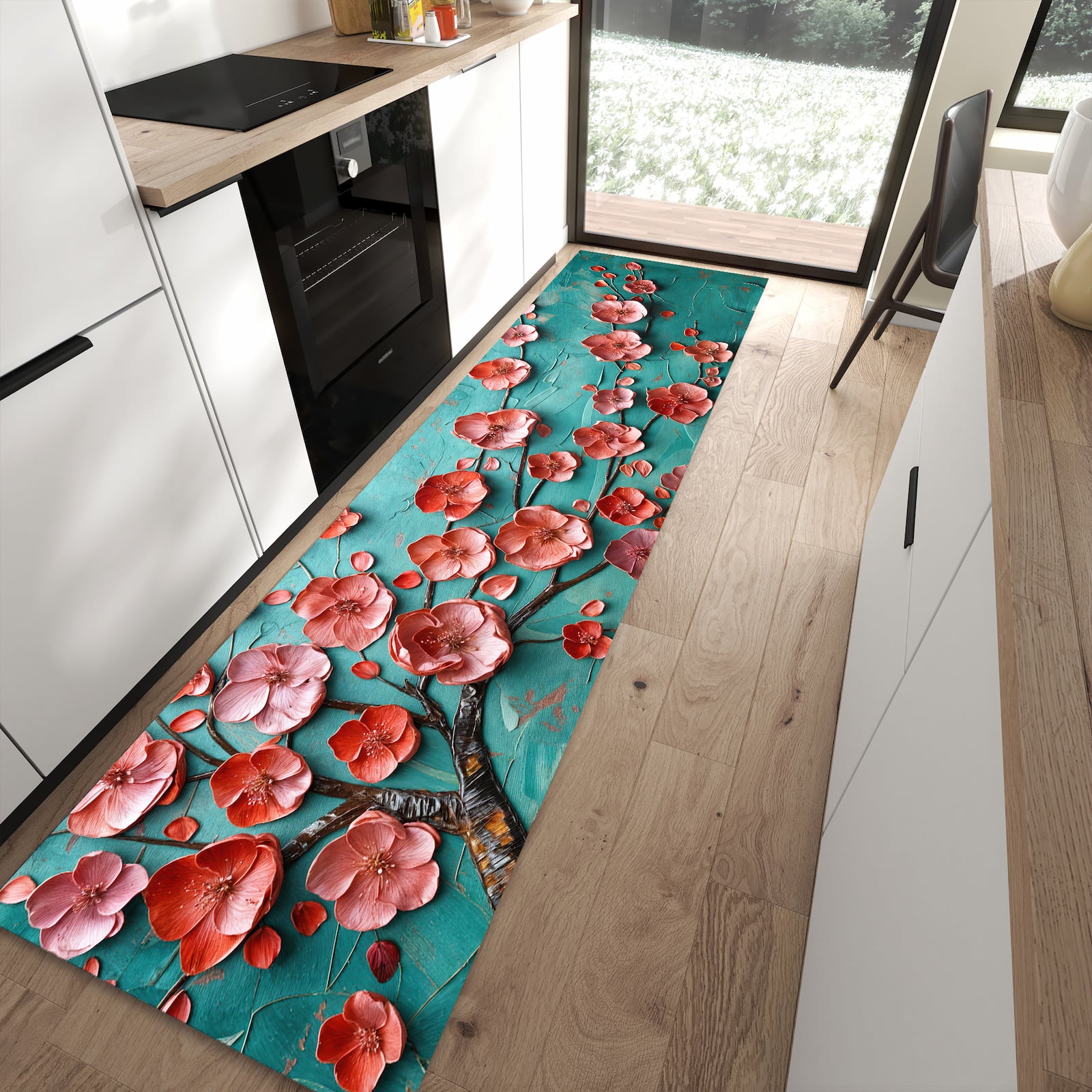 Bodenschonender Küchenläufer mit Motiv Blütenbaum Kunst in moderner Küche