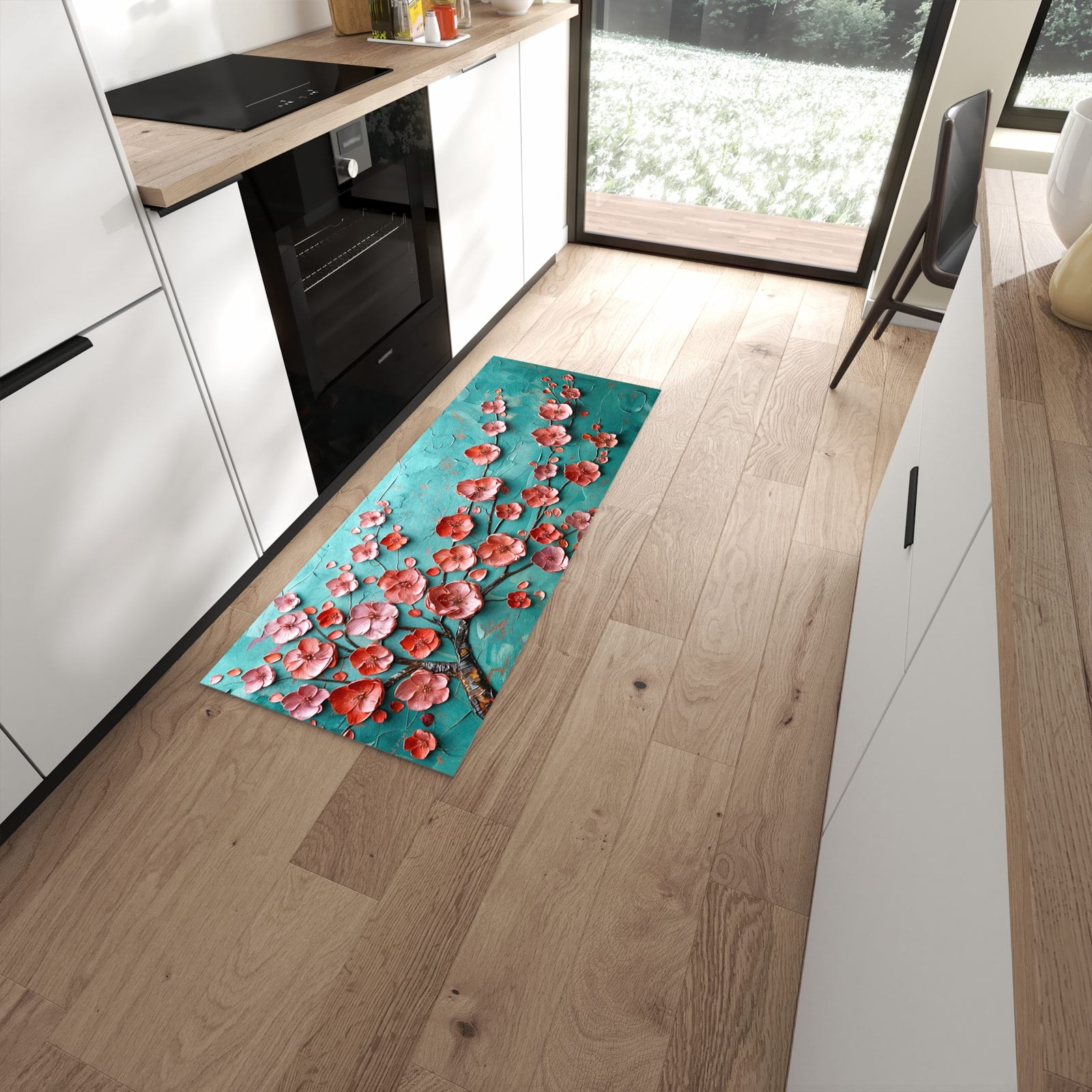 Küchenteppich mit Motiv Blütenbaum Kunst für angenehme Haptik in moderner Küche #grösse_60 x 150 cm
