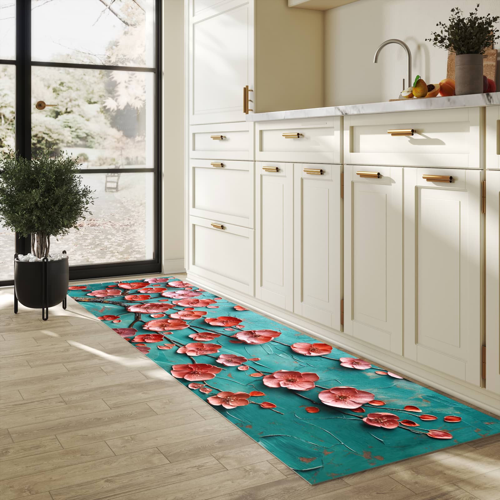 Farbbeständiger Läufer für die Küche mit Motiv Blütenbaum Kunst in heller Küche