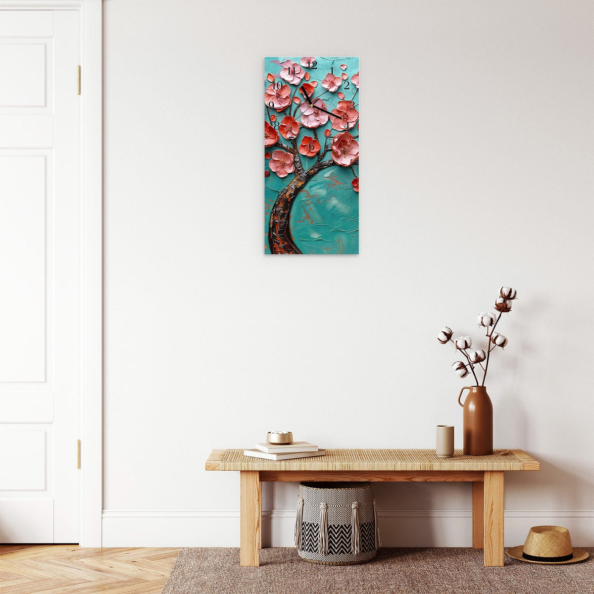 Moderne Wanduhr aus Glas mit Farbtiefe – Wanduhr Blütenbaum Kunst aus Glas – Hochformat 30 × 60 cm