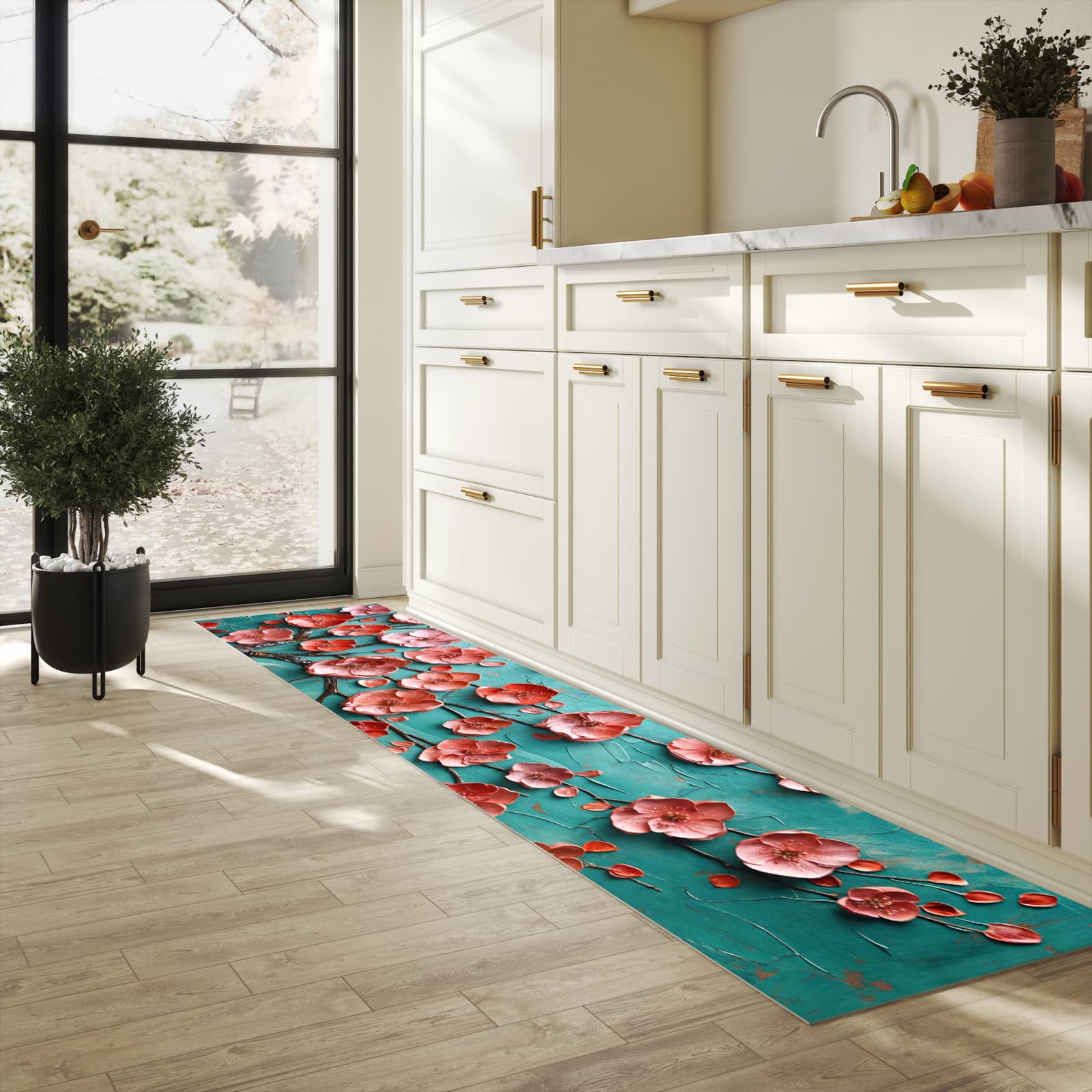 Rutschfester Küchenteppich mit Motiv Blütenbaum Kunst in heller Küche