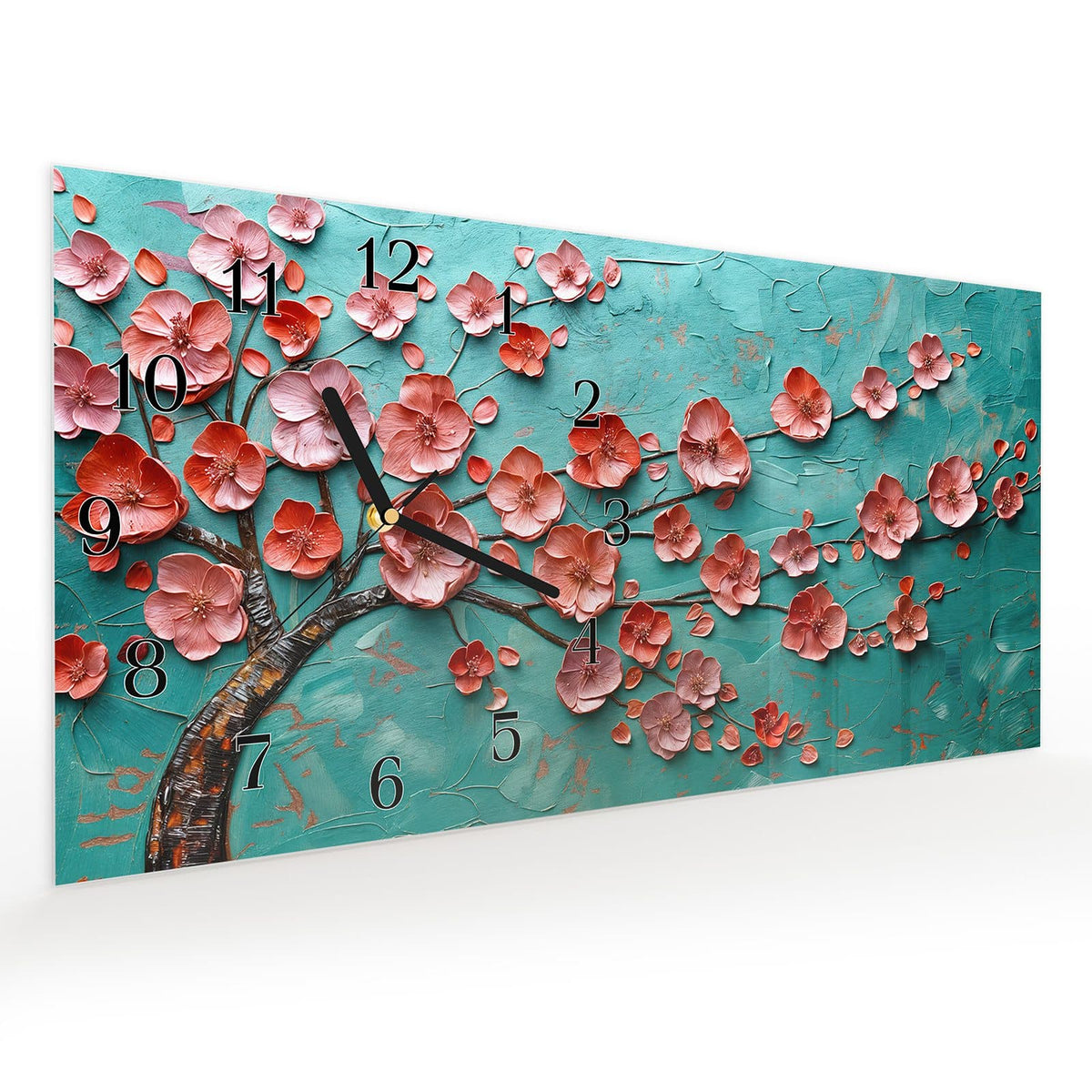 Vormontiert – mit Schwebeeffekt – Wanduhr Blütenbaum Kunst aus Glas – Querformat 60 × 30 cm