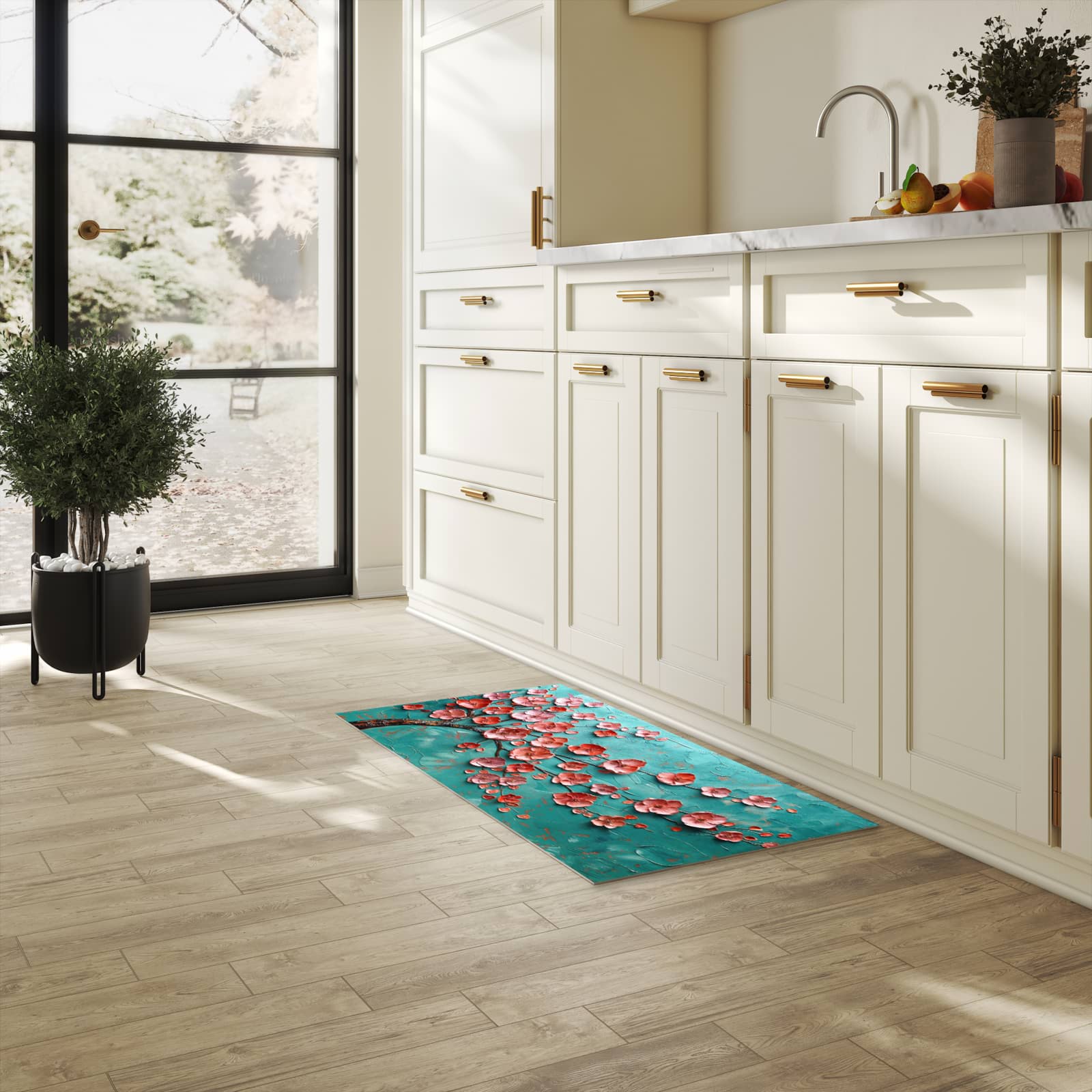 Abwaschbarer Küchenläufer mit Motiv Blütenbaum Kunst in heller Küche für angenehme Haptik