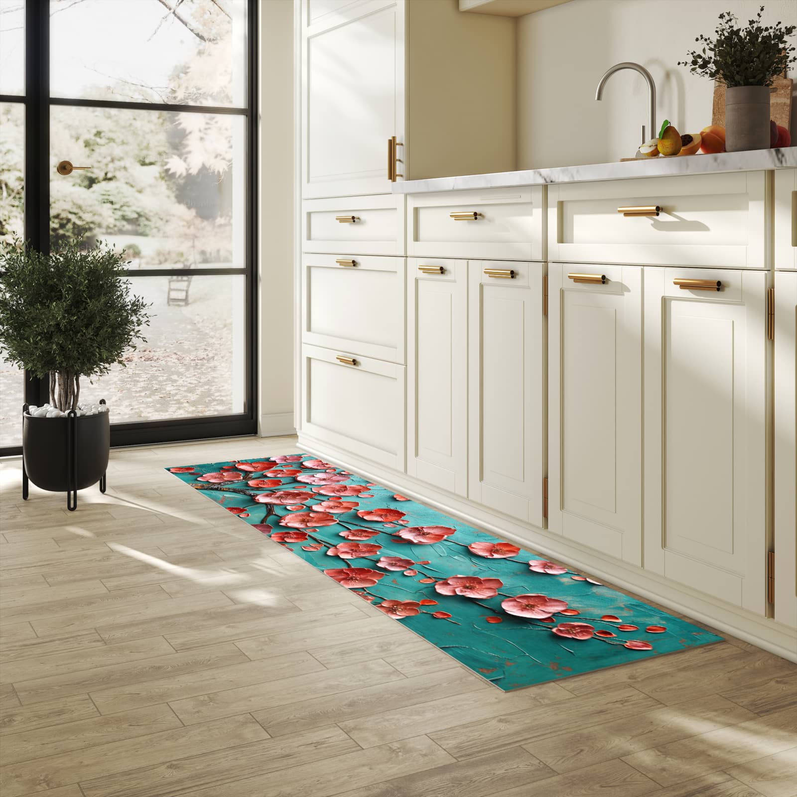 Waschbarer Küchenteppich mit Motiv Blütenbaum Kunst in heller Küche