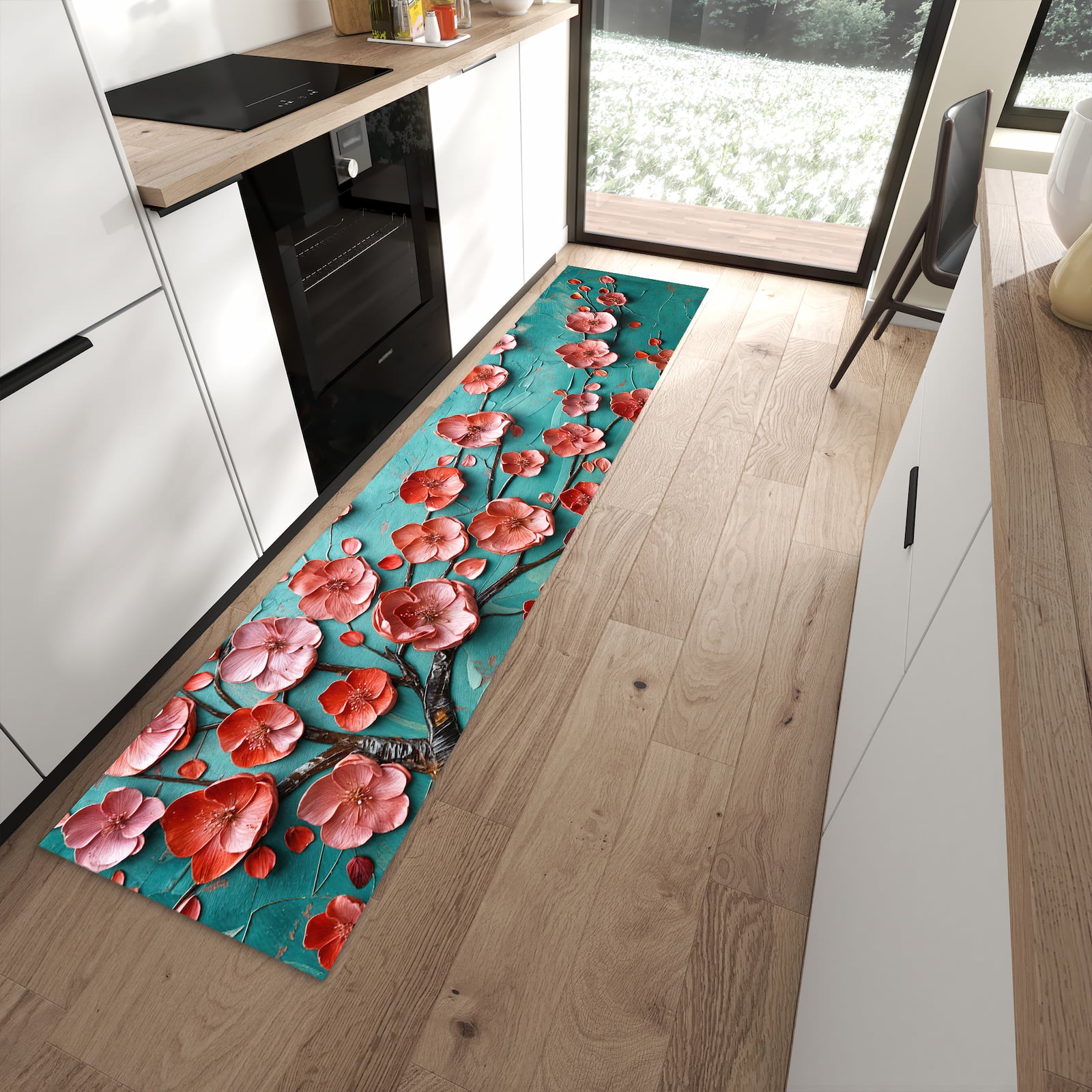 Waschbarer großer Küchenteppich mit Motiv Blütenbaum Kunst in moderner Küche