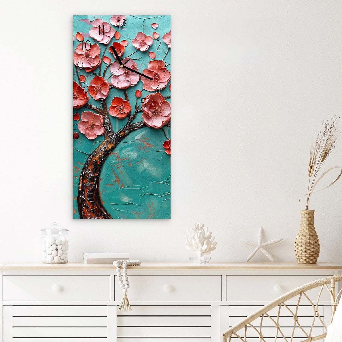 Wanduhr Blütenbaum Kunst aus Glas – Hochformat 30 × 60 cm – Kirschblütenbaum vor Türkis