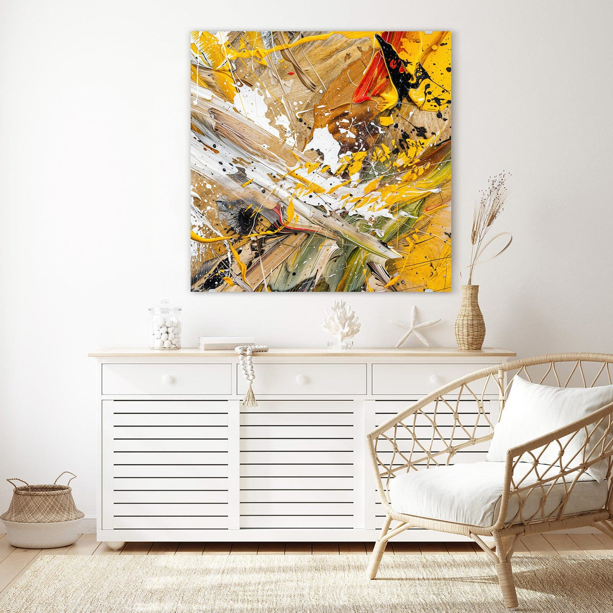 Glasbild Abstrakte Malerei an der Wand – Dicke Farbspritzer und Schlieren in Gelb, Weiß, Braun und Schwarz