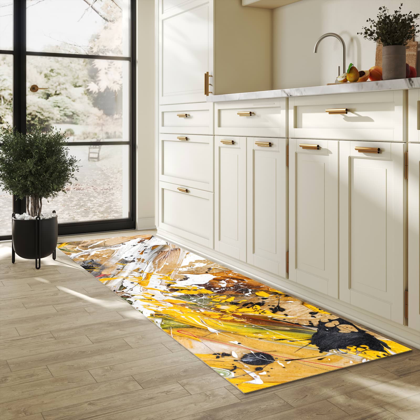 Pflegeleichter moderner Küchenläufer mit Motiv Abstrakte Malerei in heller Küche