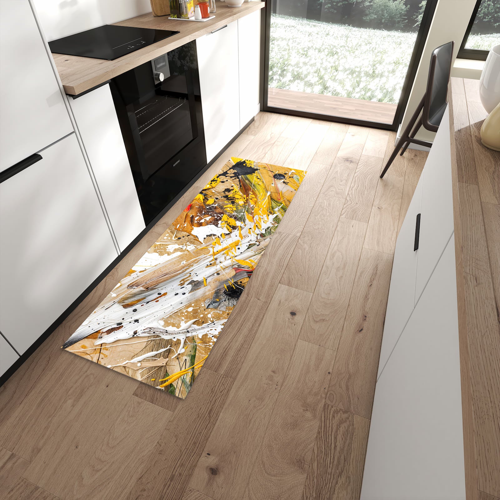 UV-beständiger dünner Teppich mit Motiv Abstrakte Malerei in moderner Küche