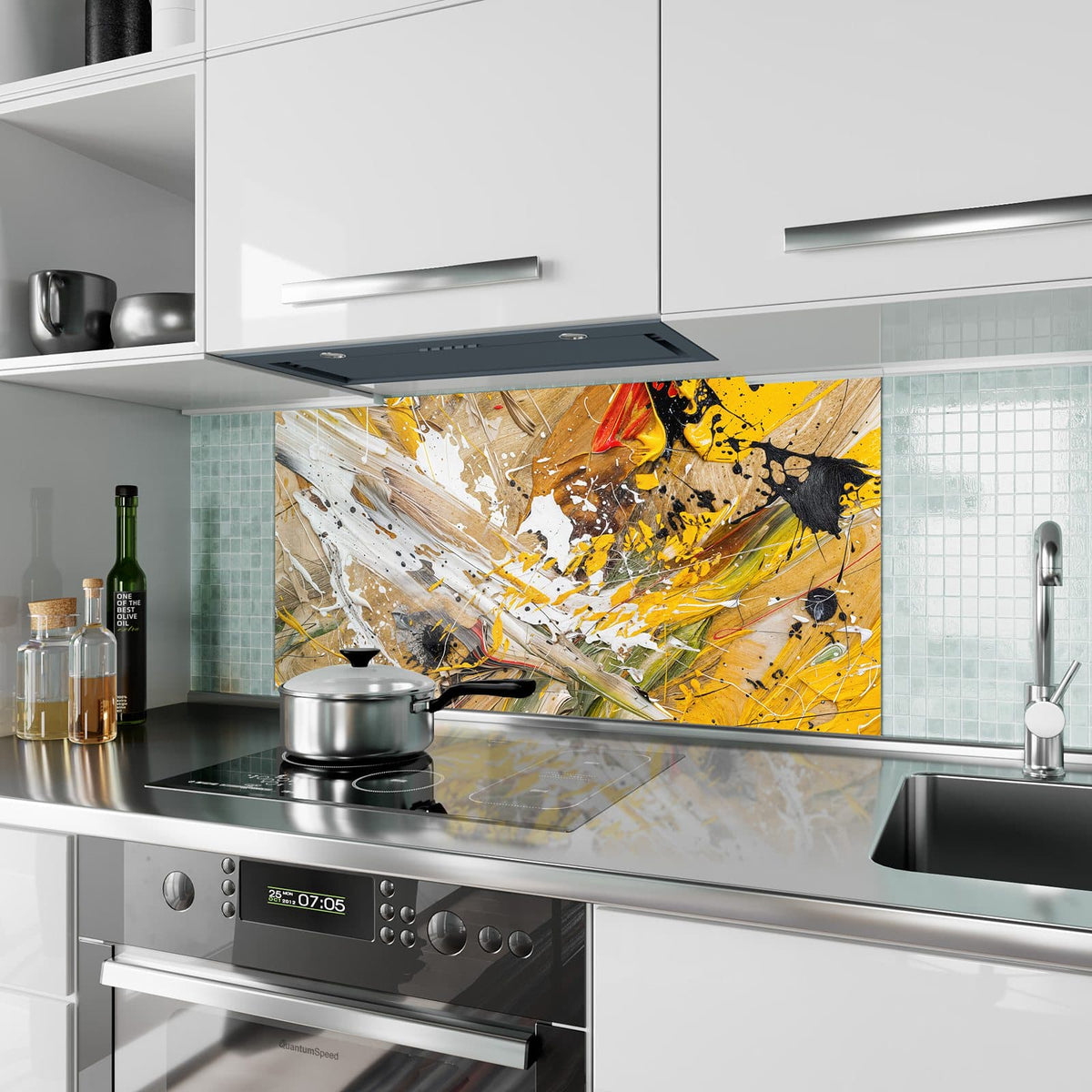 Küchenrückwand aus Glas Abstrakte Malerei im Hochformat als Spritzschutz hinter dem Kochfeld, über dem Fliesenspiegel montiert