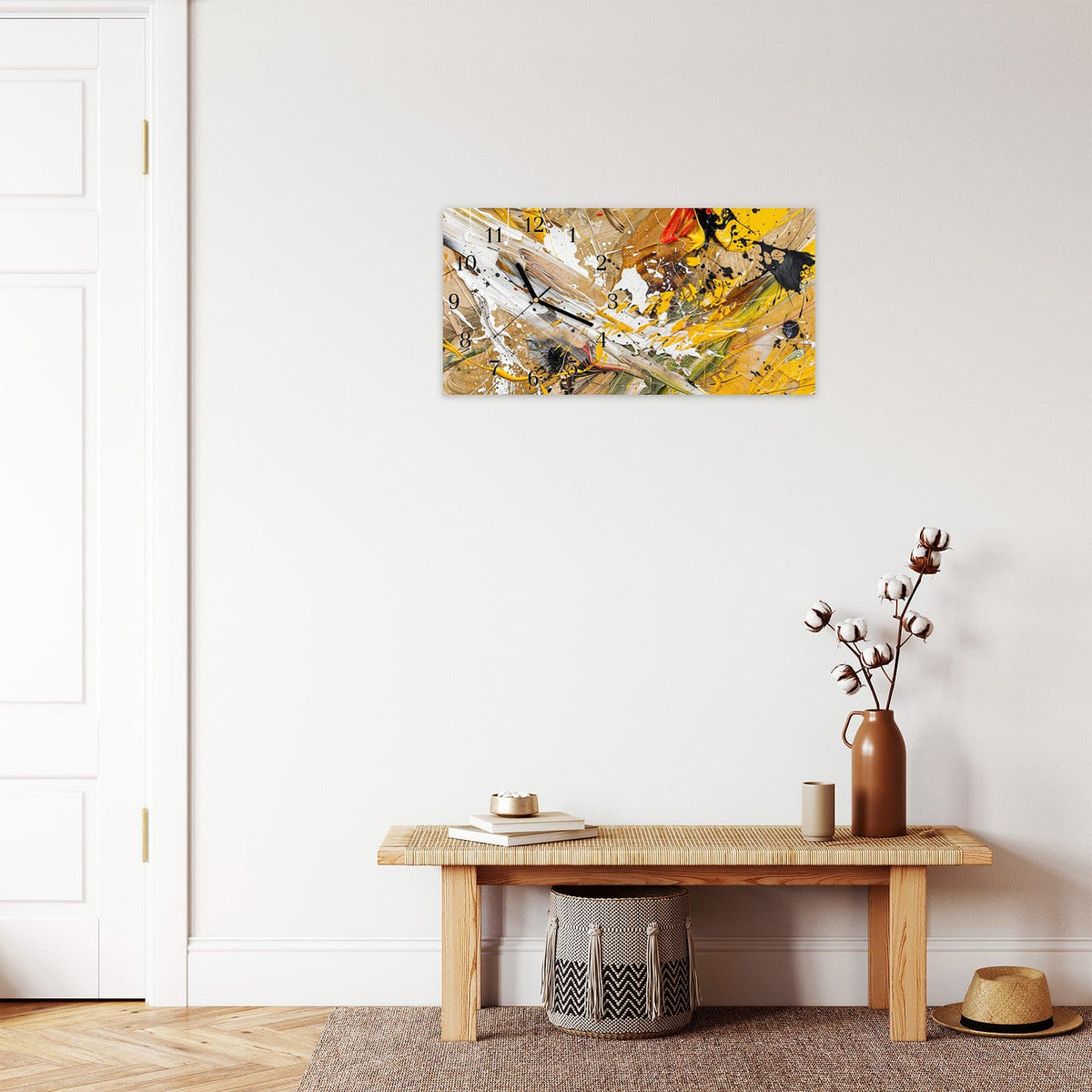 Moderne Wanduhr aus Glas mit Farbtiefe – Wanduhr Abstrakte Malerei aus Glas – Querformat 60 × 30 cm
