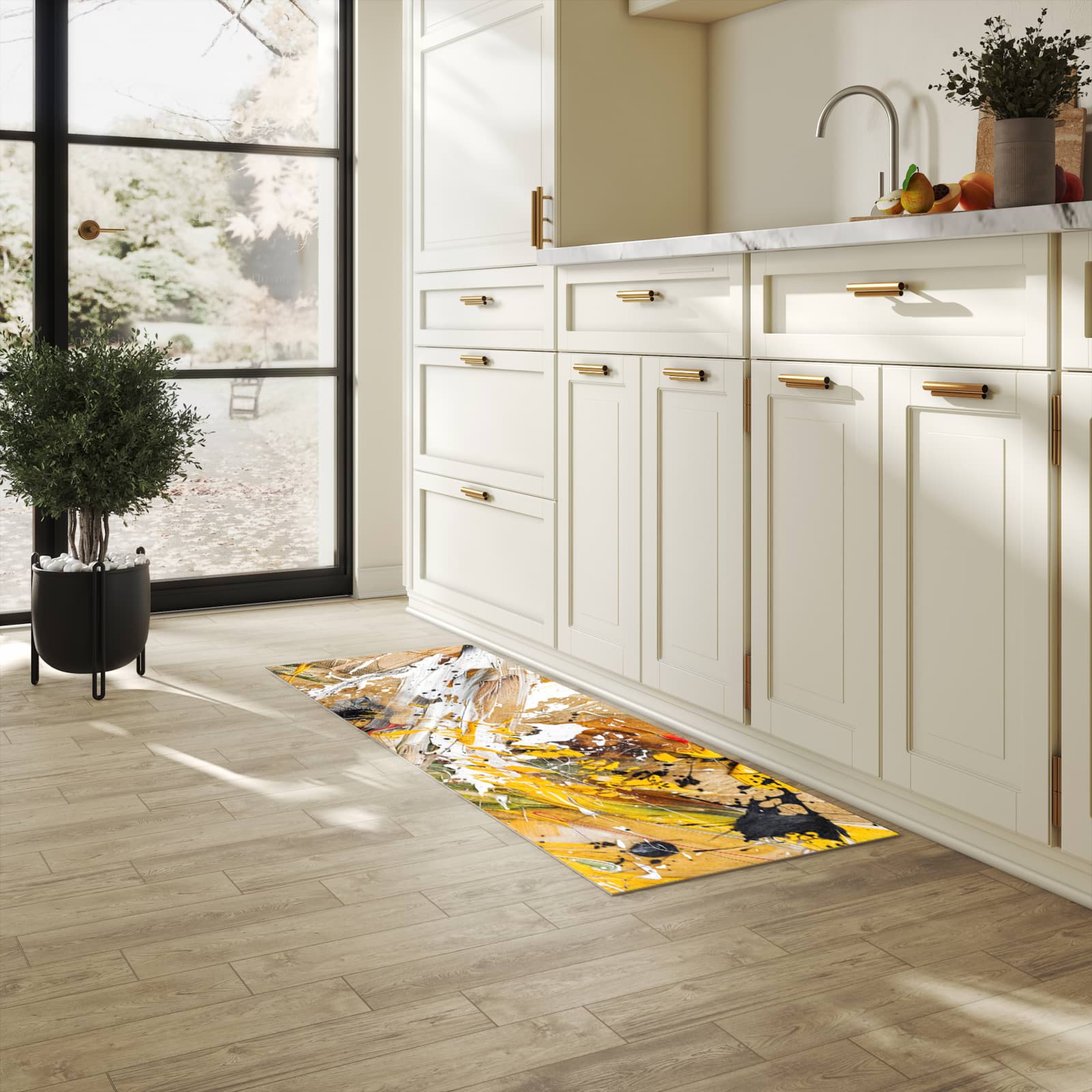 Komfortabler Küchenläufer mit Motiv Abstrakte Malerei in heller Küche