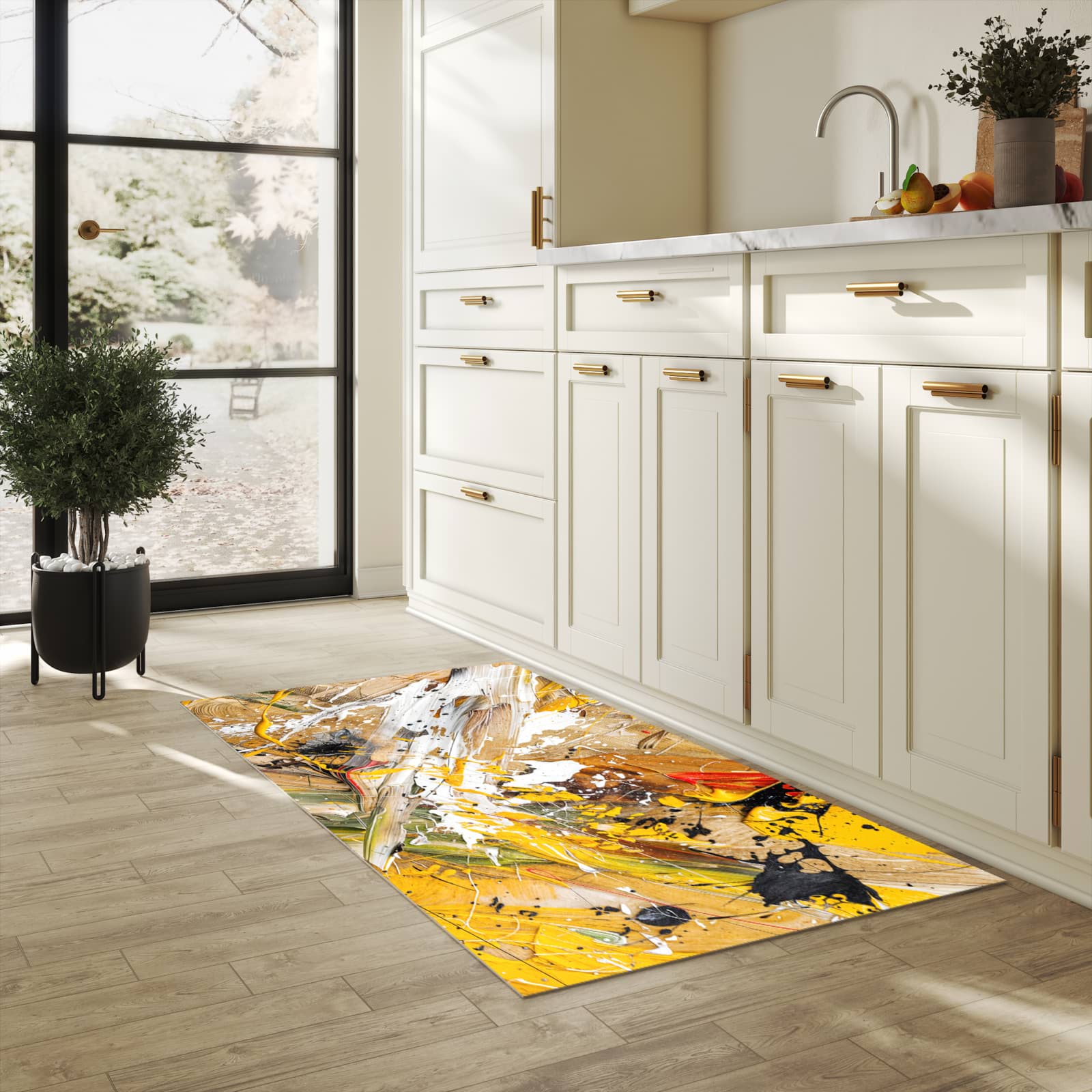 Rutschfester Küchenläufer mit Motiv Abstrakte Malerei in heller Küche zum Waschen
