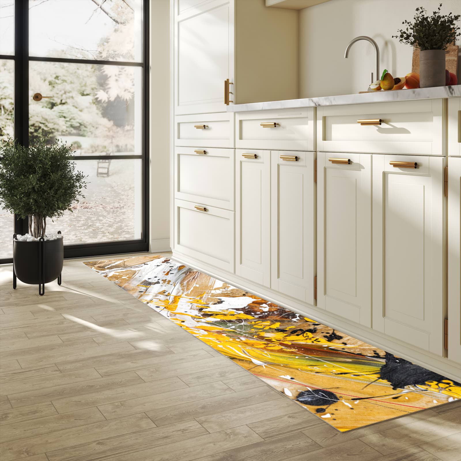 Schmutzabweisender rutschfester Küchenläufer mit Motiv Abstrakte Malerei in heller Küche