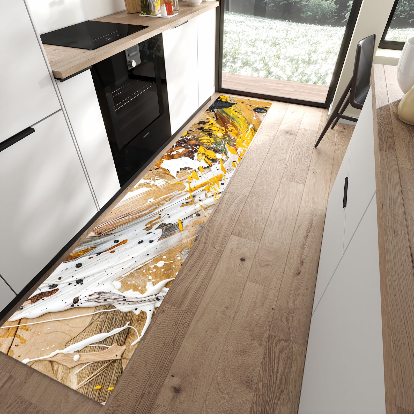 Fleckenresistenter waschbarer Teppich mit Motiv Abstrakte Malerei in moderner Küche