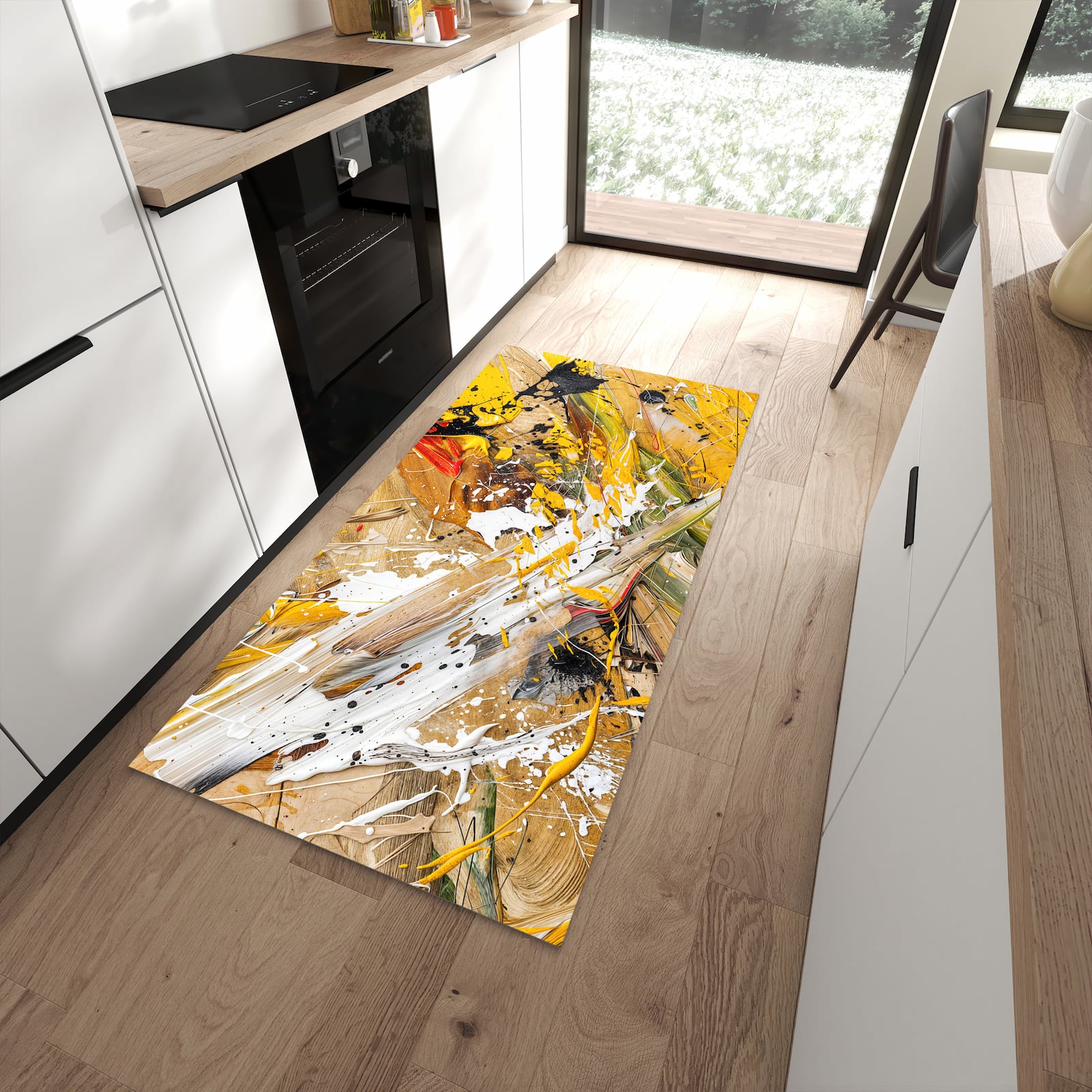Komfortabler waschbarer Küchenteppich mit Motiv Abstrakte Malerei in moderner Küche