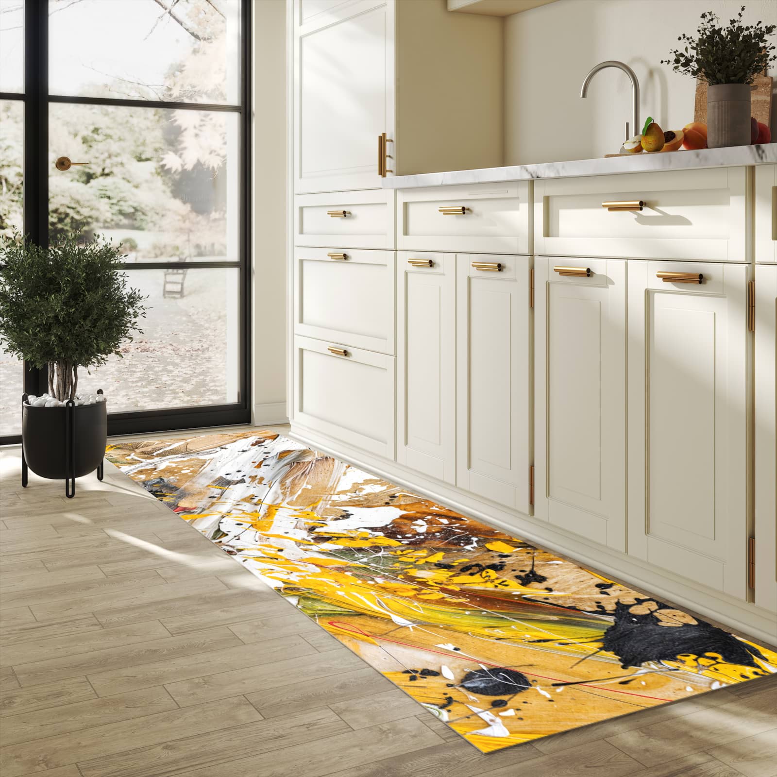 Komfortabler Küchenläufer nach Maß mit Motiv Abstrakte Malerei in heller Küche